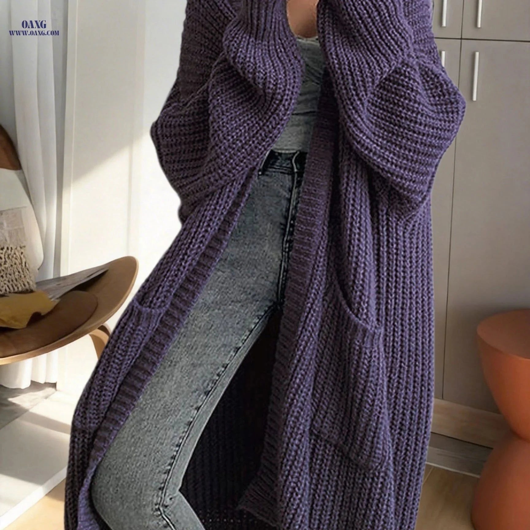 OAXG Y2K Long Cardigan Sweater - Stylish Long Sleeve, Solid Color   OAXG Black / XS