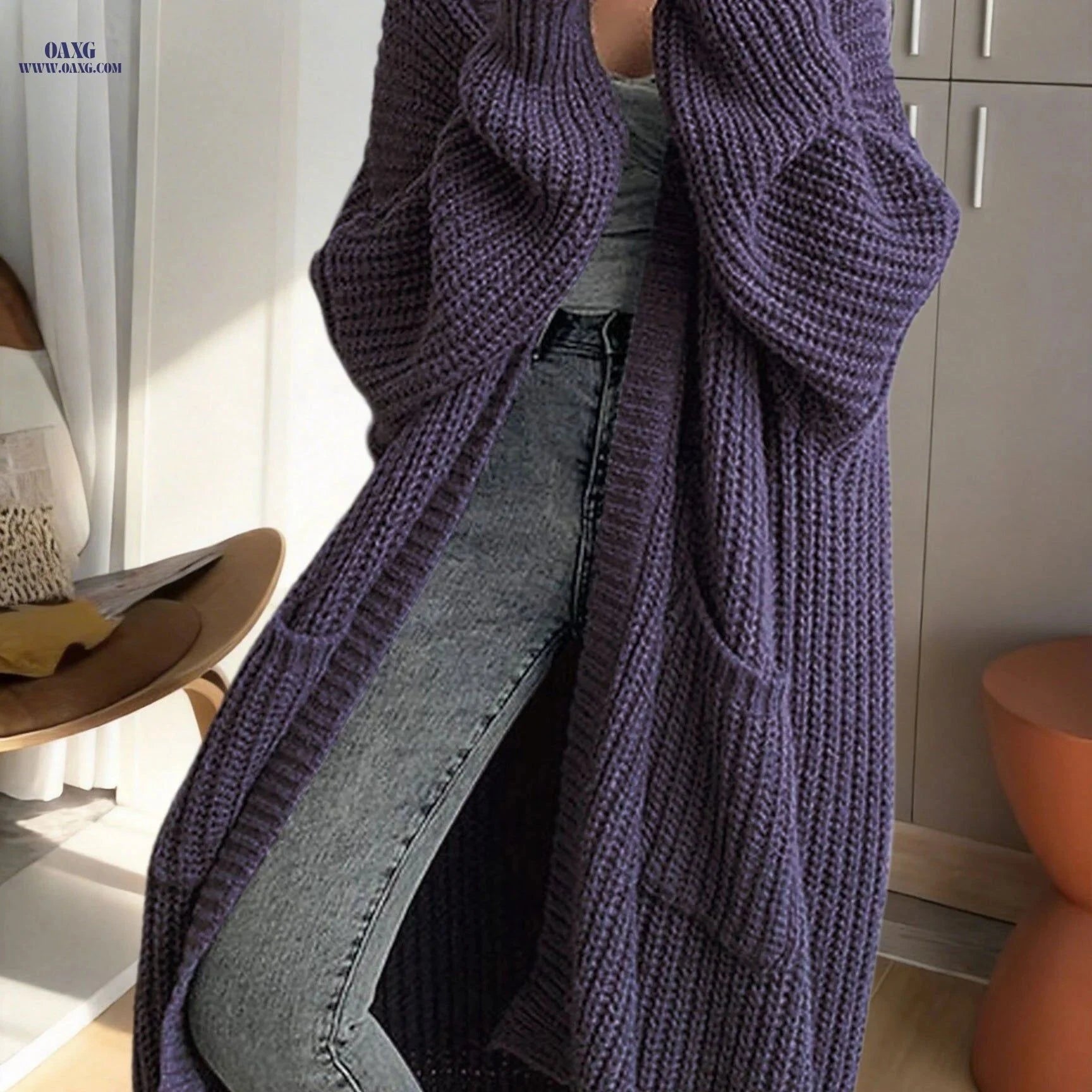 OAXG Y2K Long Cardigan Sweater - Stylish Long Sleeve, Solid Color   OAXG Black / XS