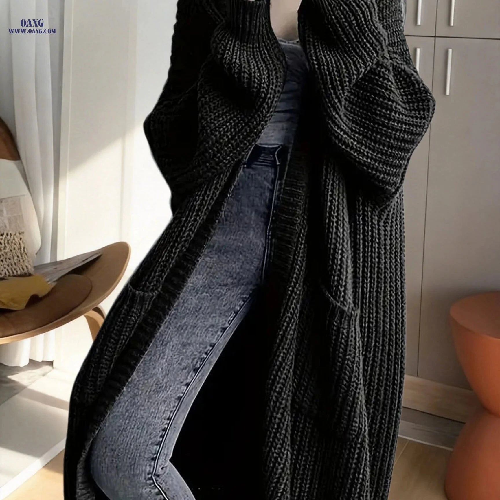 OAXG Y2K Long Cardigan Sweater - Stylish Long Sleeve, Solid Color   OAXG Black / XS