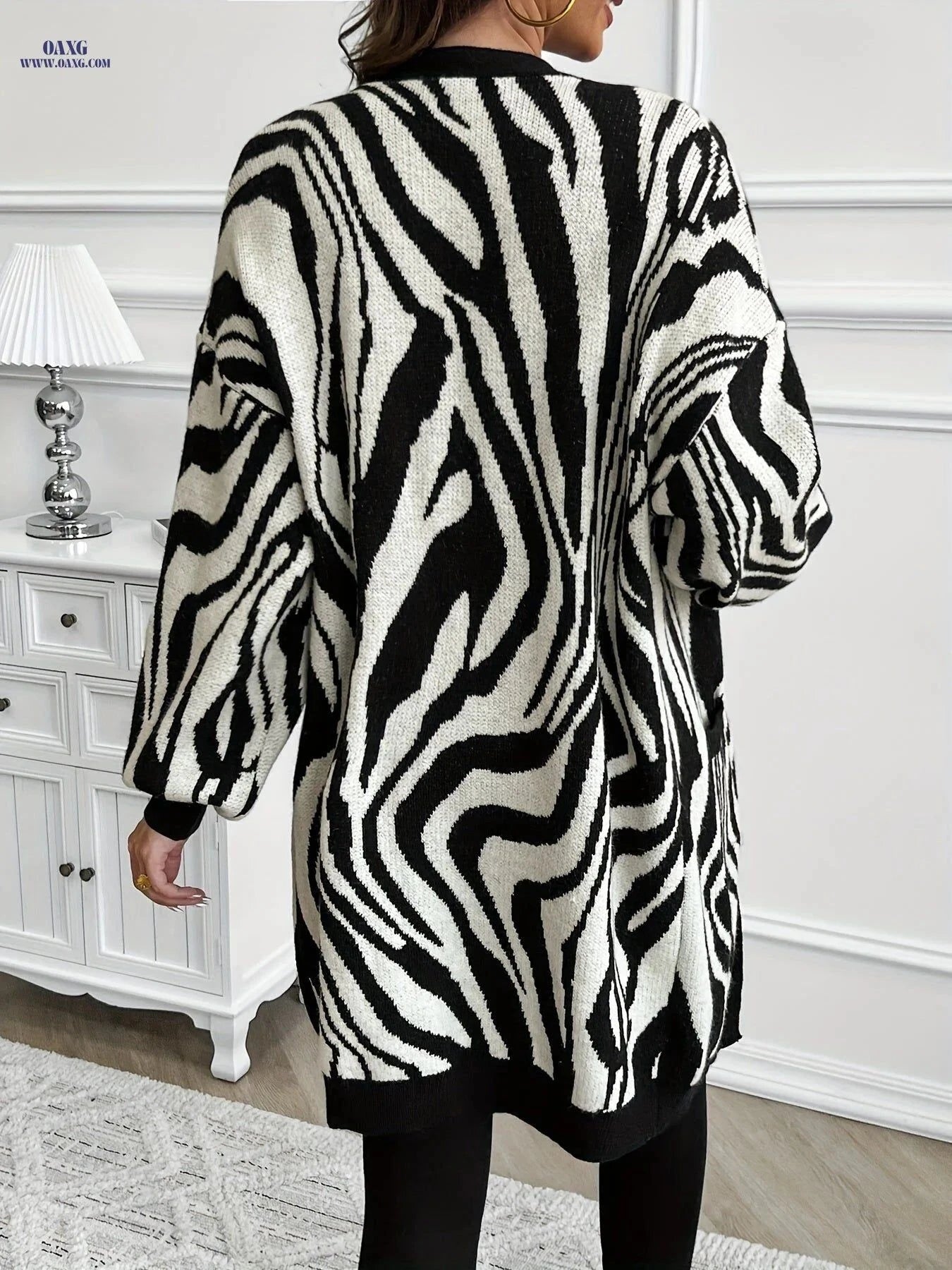 OAXG Zebra Stripe Drop-shoulder Cardigan - Elegant Style for All Seasons   OAXG Black / S