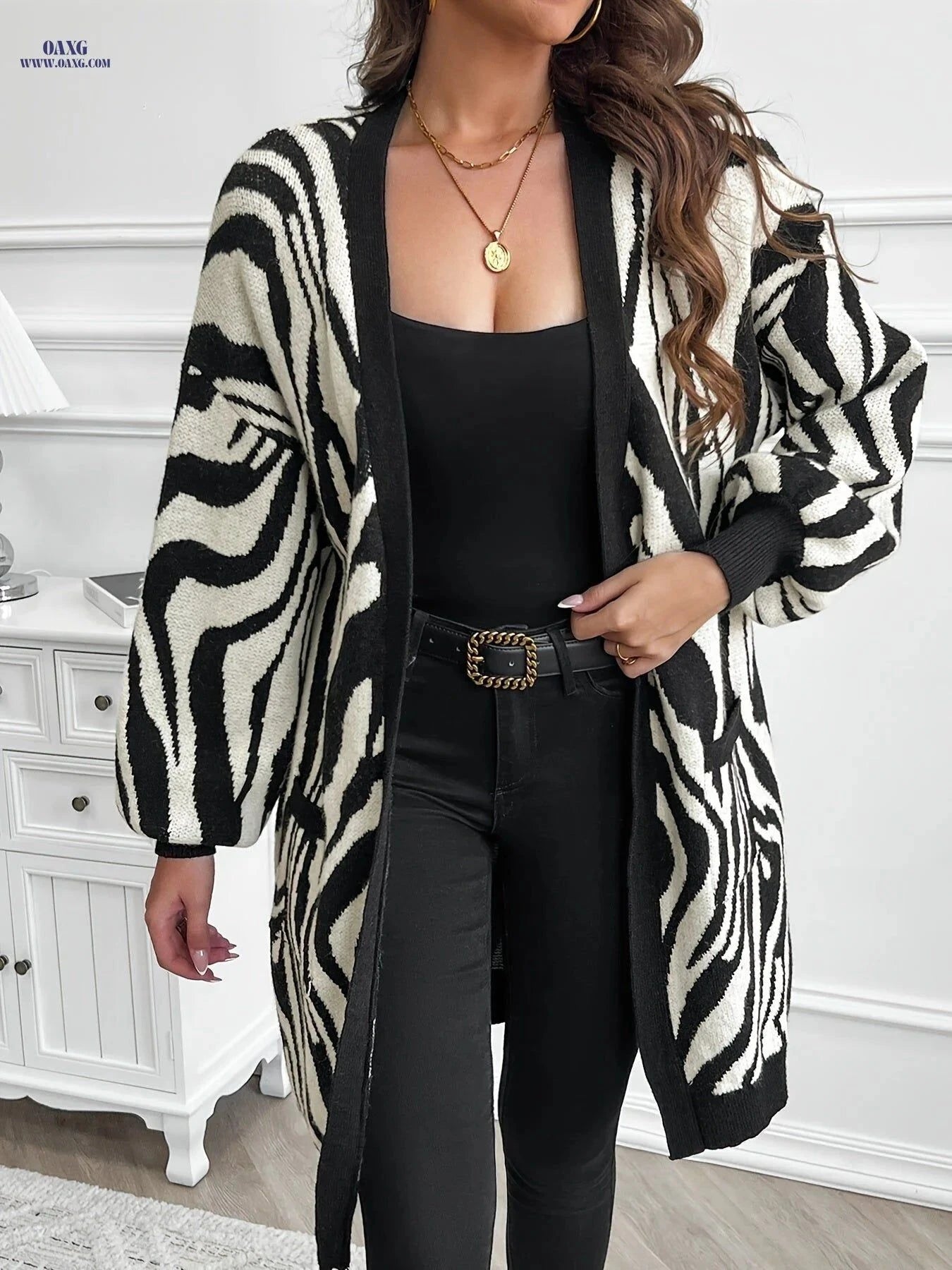 OAXG Zebra Stripe Drop-shoulder Cardigan - Elegant Style for All Seasons   OAXG Black / S