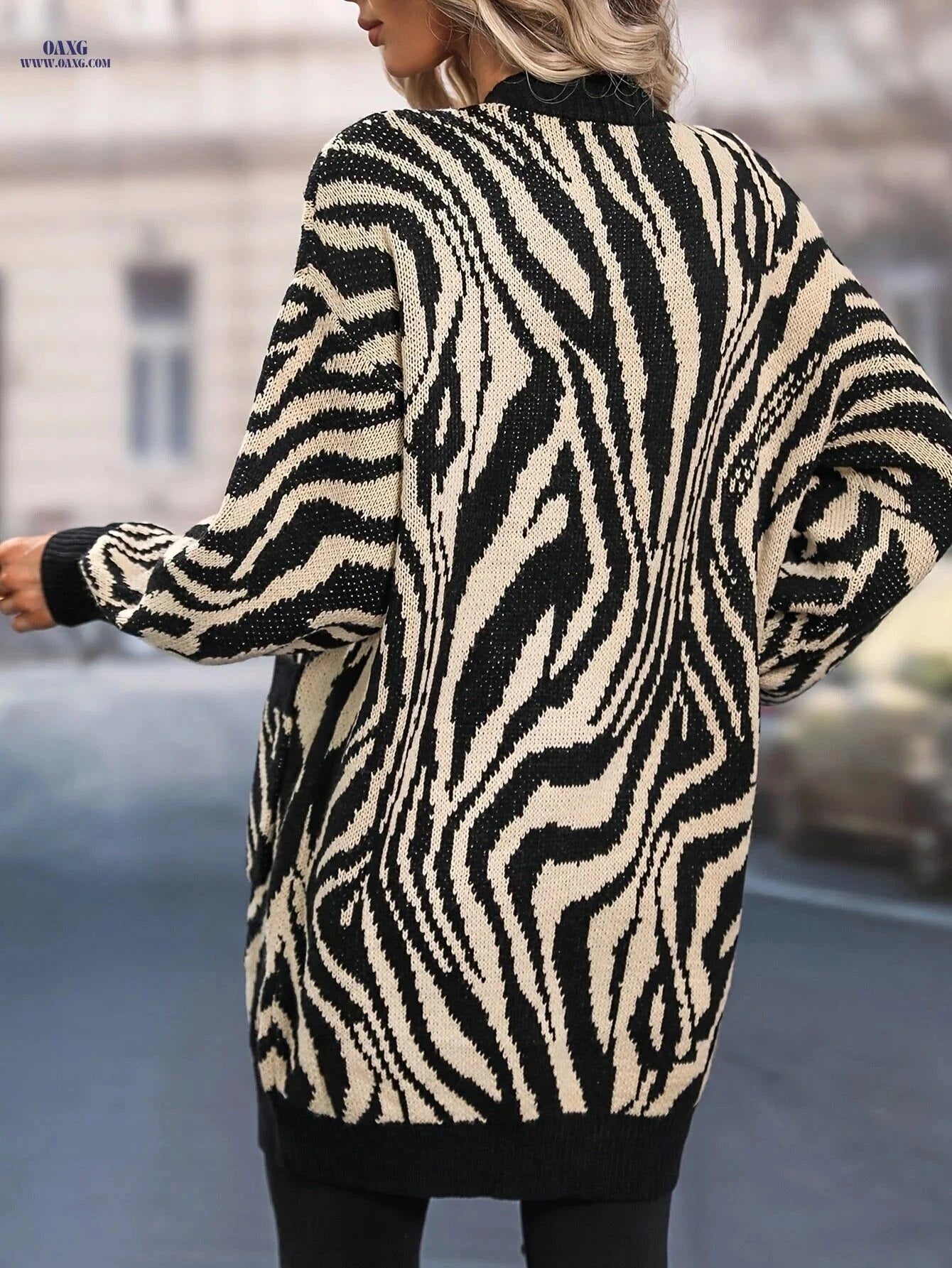OAXG Zebra Stripe Drop-shoulder Cardigan - Elegant Style for All Seasons   OAXG Black / S