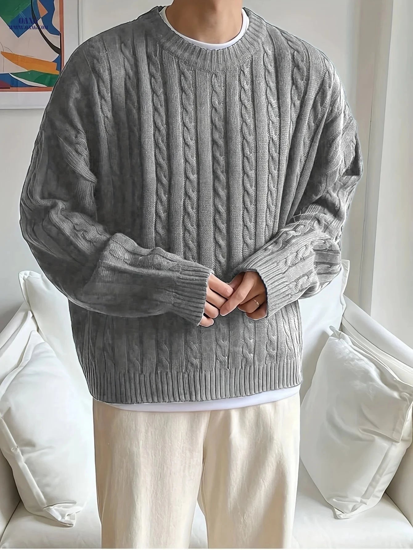 OBM Men’s Loose Fit Sweater - Trendy Round Neck for Fall/Winter   OAXG 
