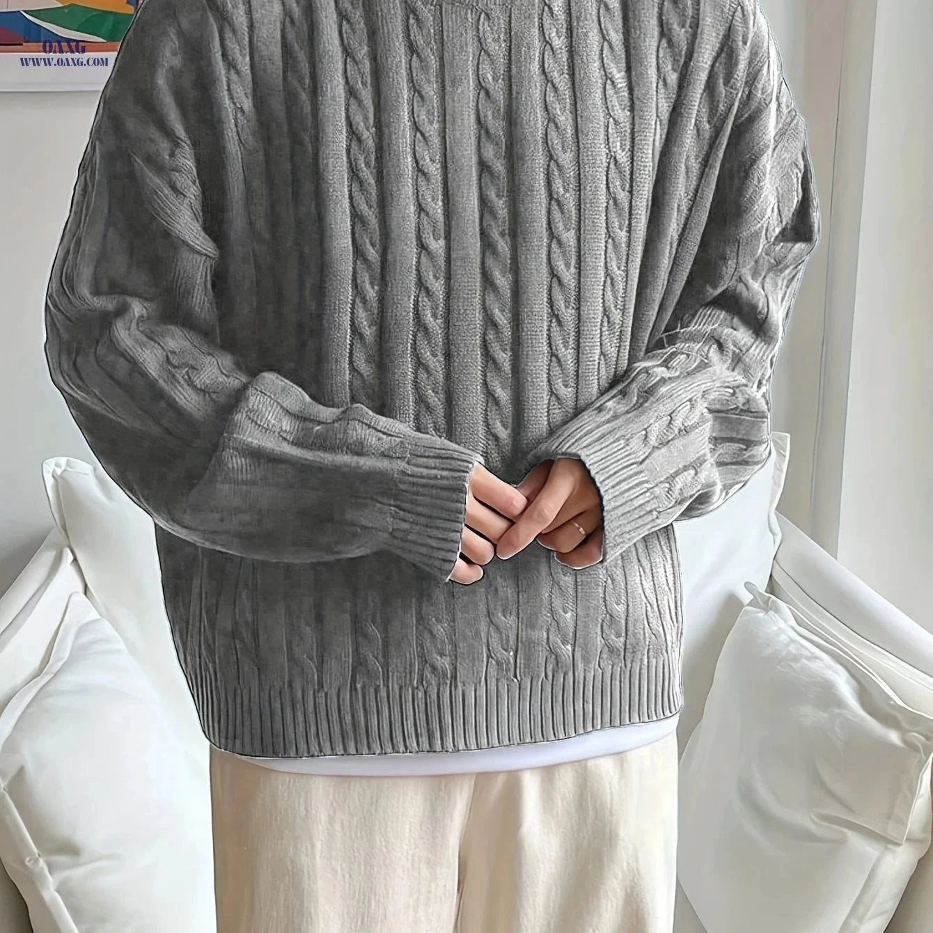 OBM Men’s Loose Fit Sweater - Trendy Round Neck for Fall/Winter   OAXG 