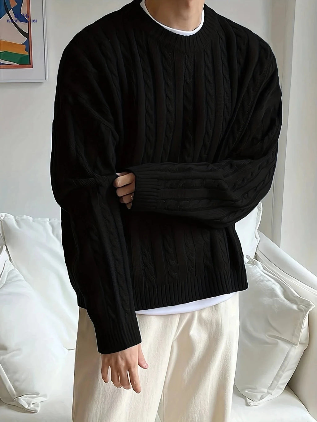 OBM Men’s Loose Fit Sweater - Trendy Round Neck for Fall/Winter   OAXG 