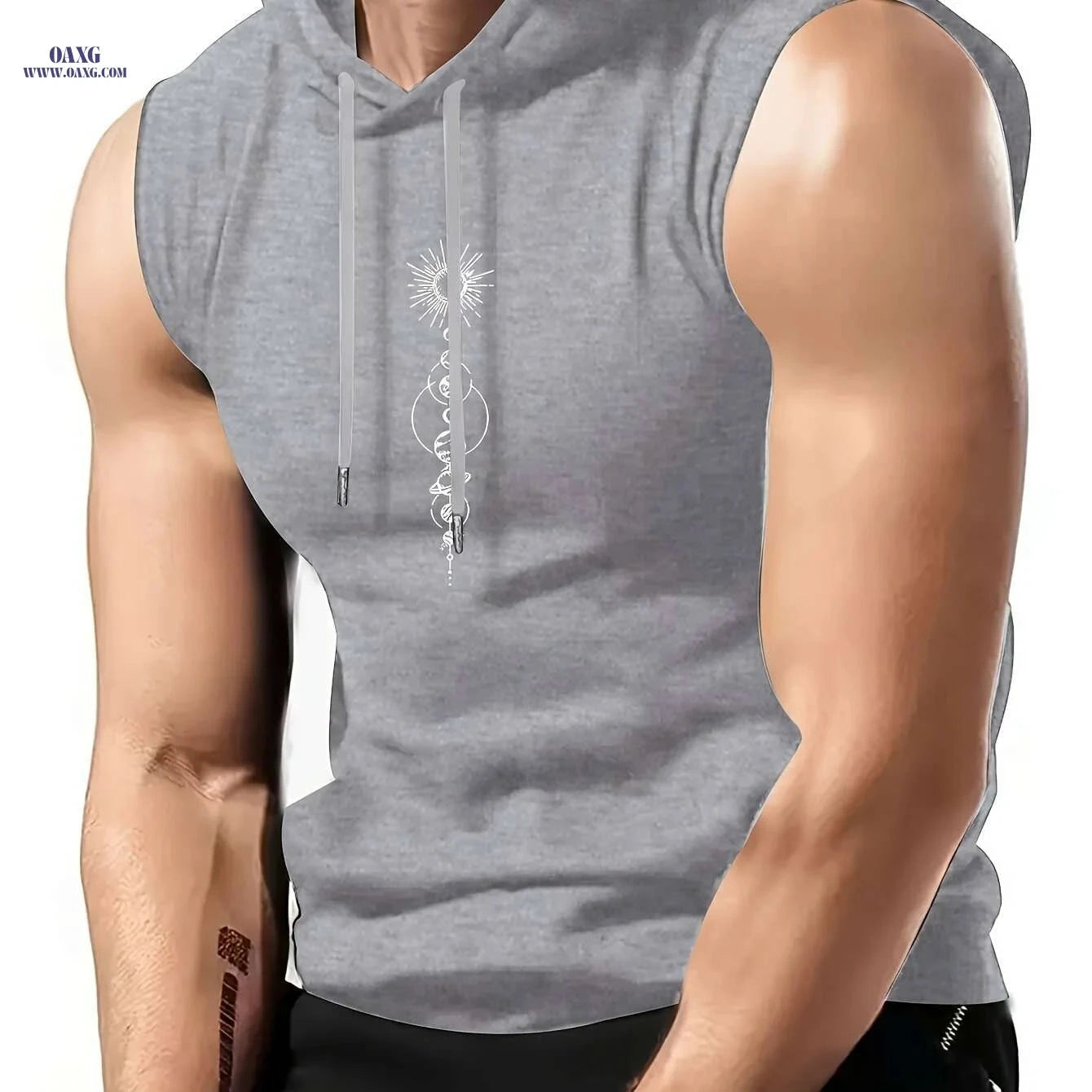Olive Green Sleeveless Hoodie - Men's Casual Summer Top, Geometric Print   OAXG 