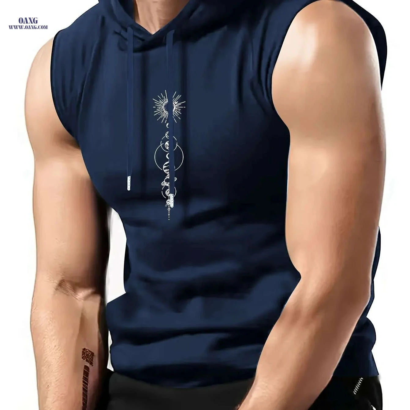 Olive Green Sleeveless Hoodie - Men's Casual Summer Top, Geometric Print   OAXG 