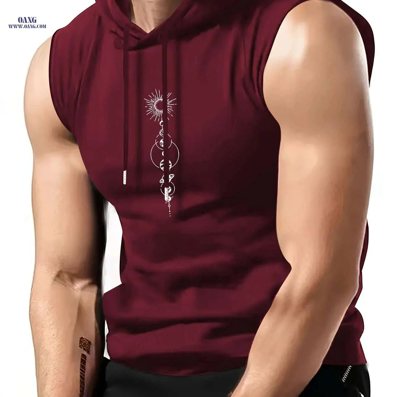Olive Green Sleeveless Hoodie - Men's Casual Summer Top, Geometric Print   OAXG 