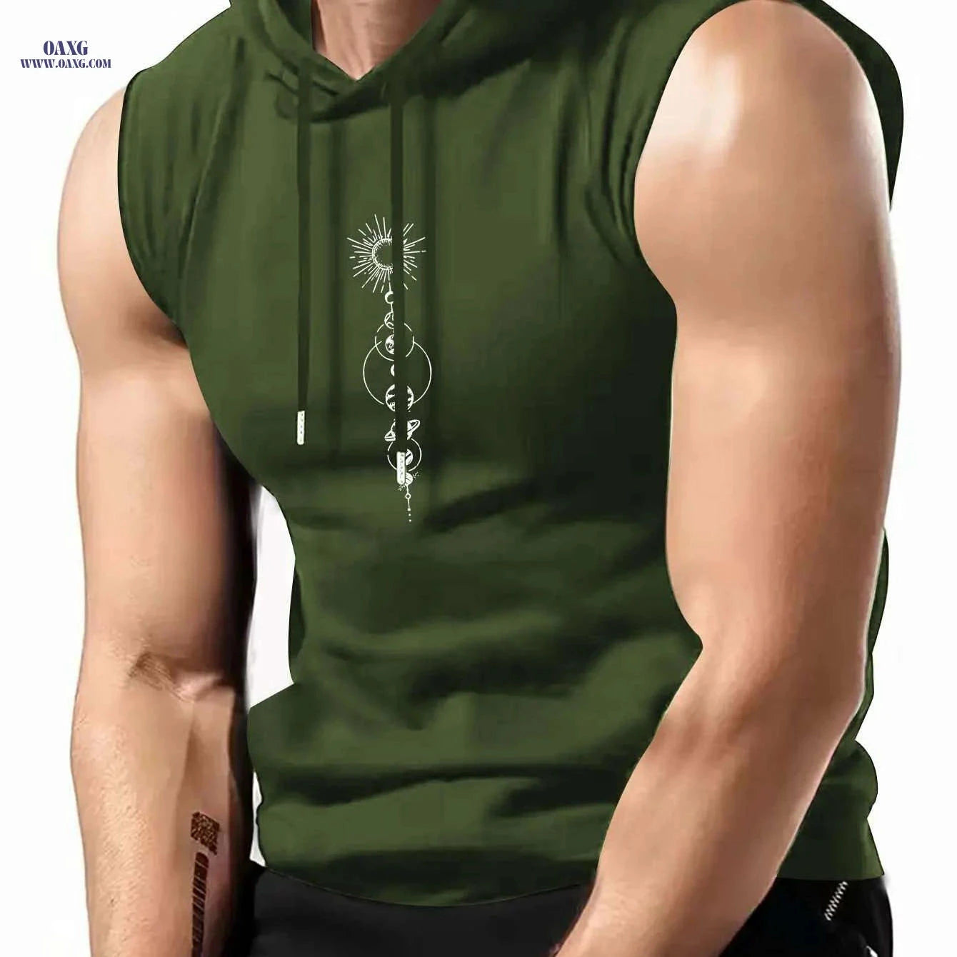Olive Green Sleeveless Hoodie - Men's Casual Summer Top, Geometric Print   OAXG 