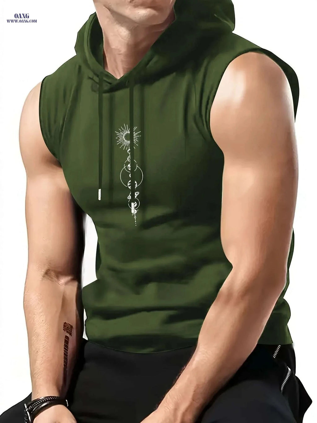 Olive Green Sleeveless Hoodie - Men's Casual Summer Top, Geometric Print   OAXG Black / S