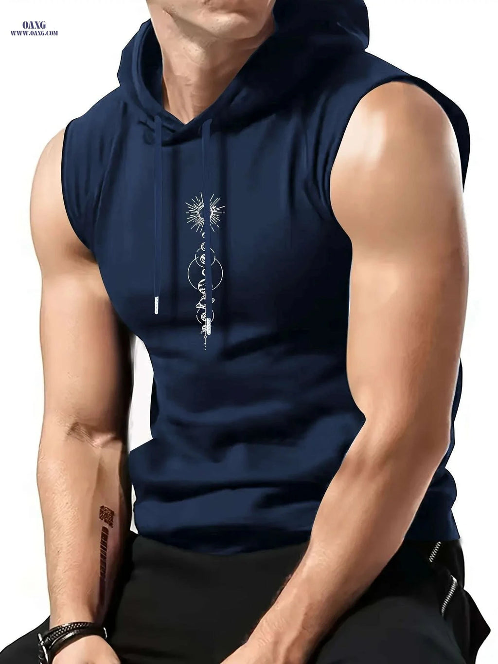 Olive Green Sleeveless Hoodie - Men's Casual Summer Top, Geometric Print   OAXG Black / S