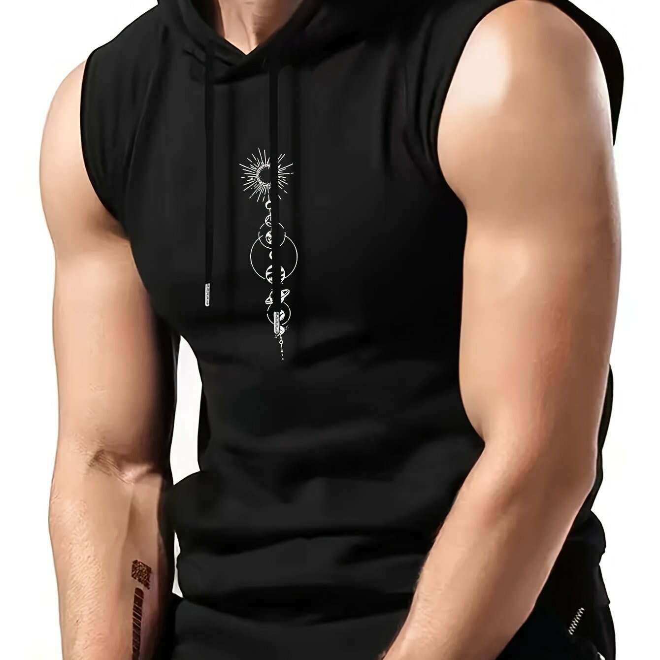 Olive Green Sleeveless Hoodie - Men's Casual Summer Top, Geometric Print   OAXG Black / S