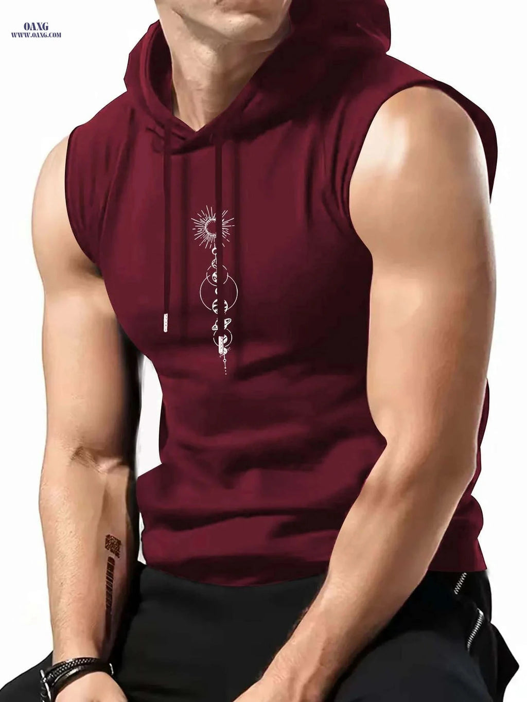 Olive Green Sleeveless Hoodie - Men's Casual Summer Top, Geometric Print   OAXG Black / S