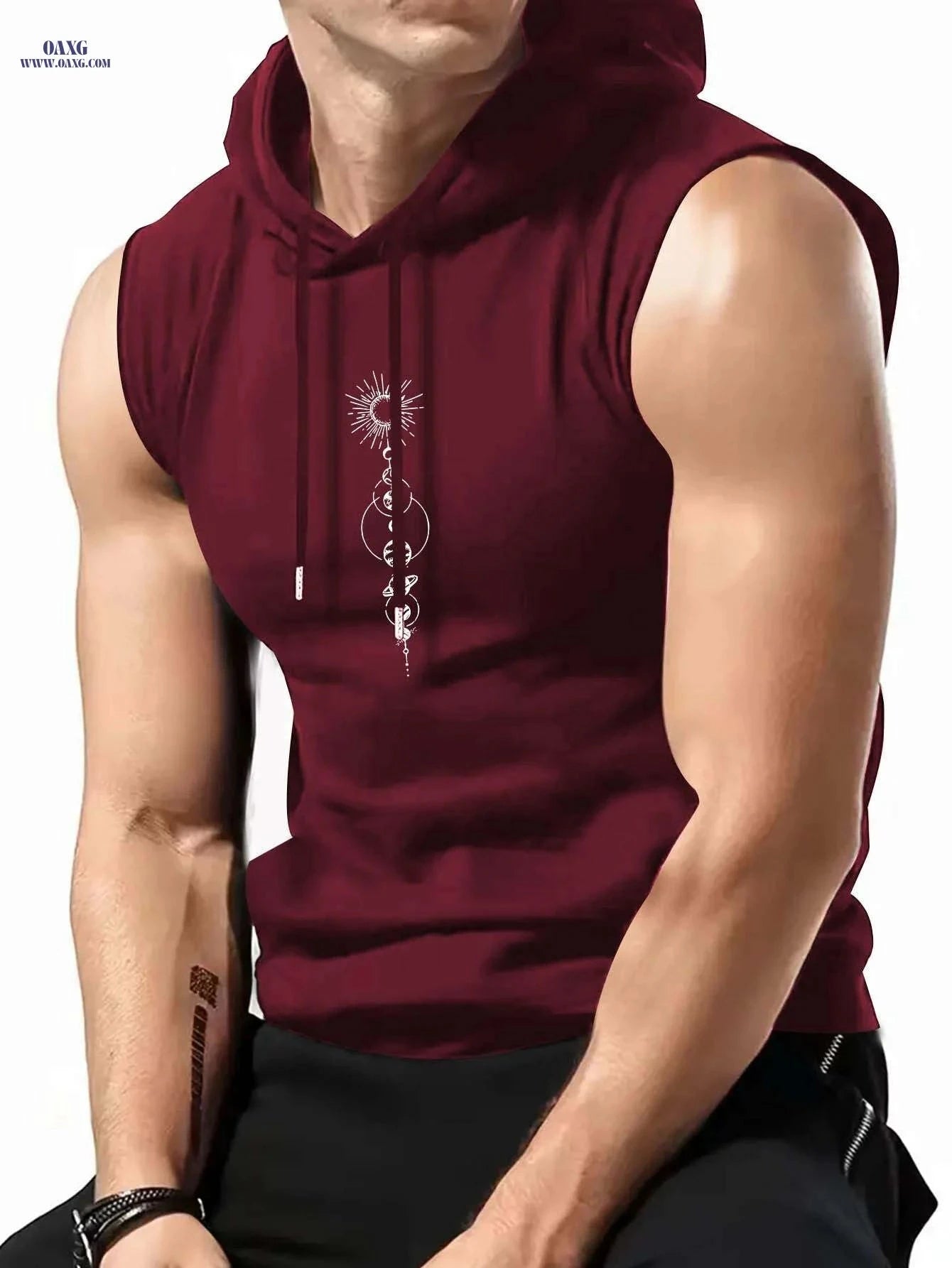 Olive Green Sleeveless Hoodie - Men's Casual Summer Top, Geometric Print   OAXG Black / S
