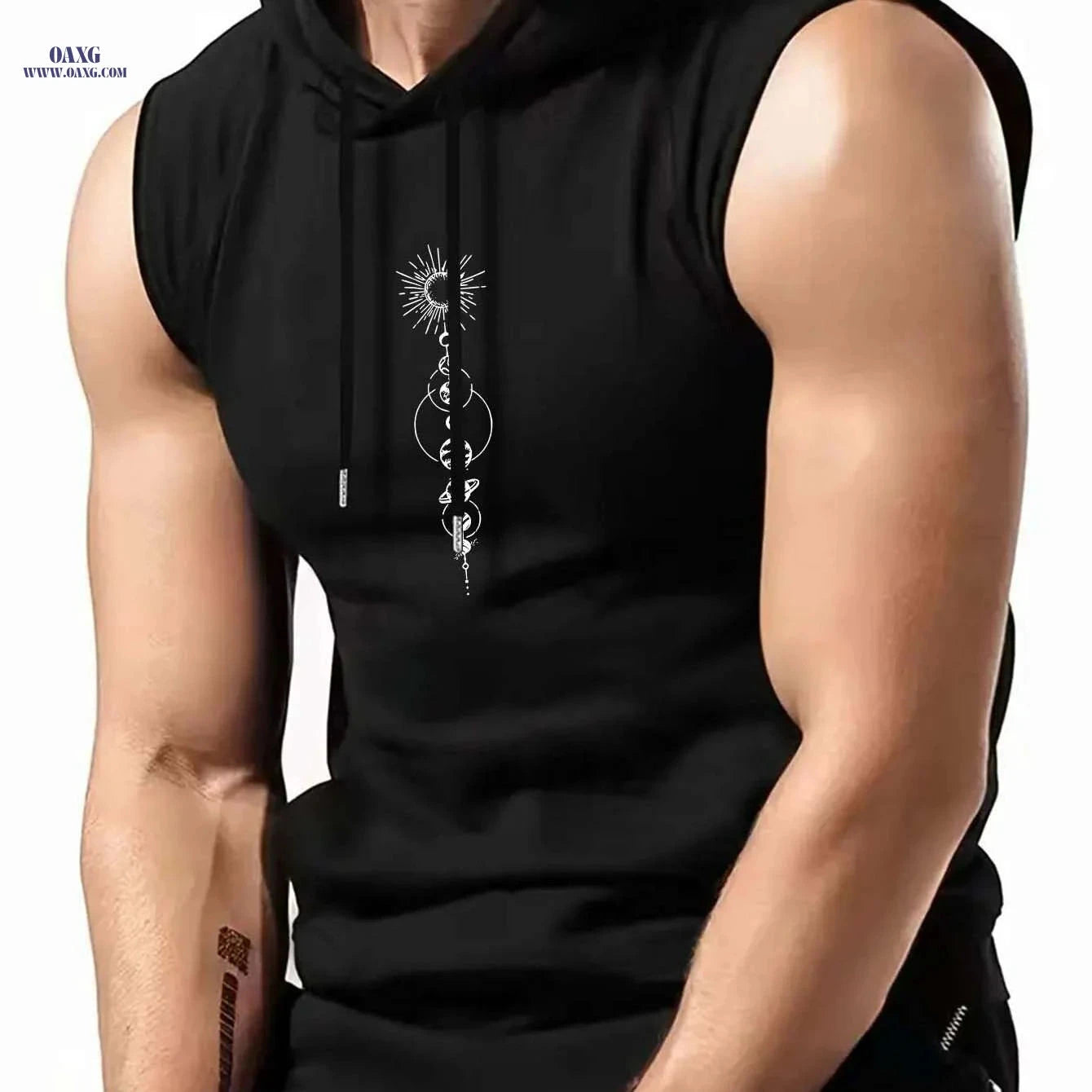 Olive Green Sleeveless Hoodie - Men's Casual Summer Top, Geometric Print   OAXG Black / S