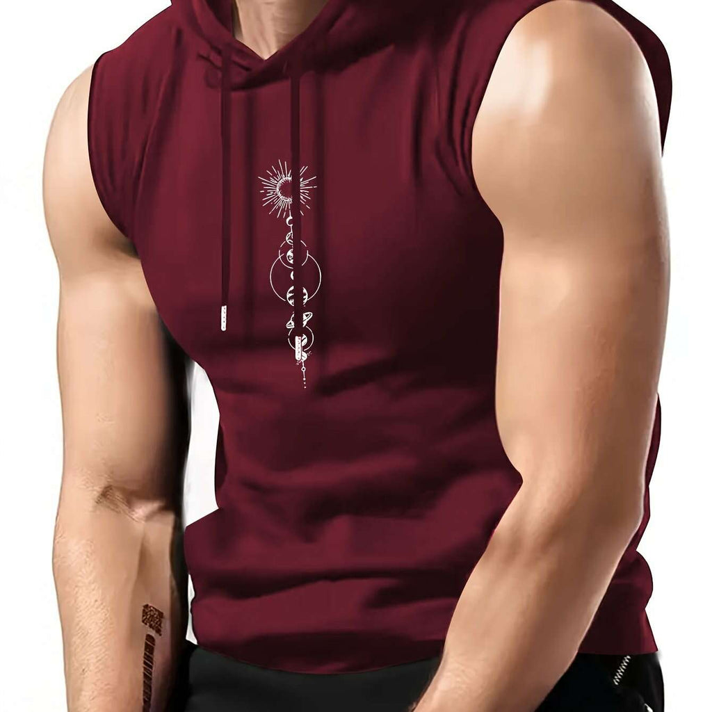 Olive Green Sleeveless Hoodie - Men's Casual Summer Top, Geometric Print   OAXG Black / S