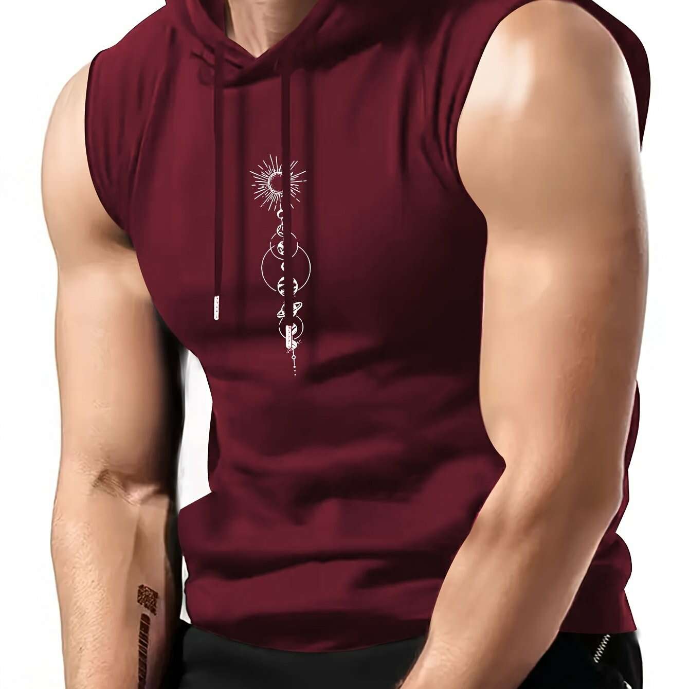 Olive Green Sleeveless Hoodie - Men's Casual Summer Top, Geometric Print   OAXG Black / S