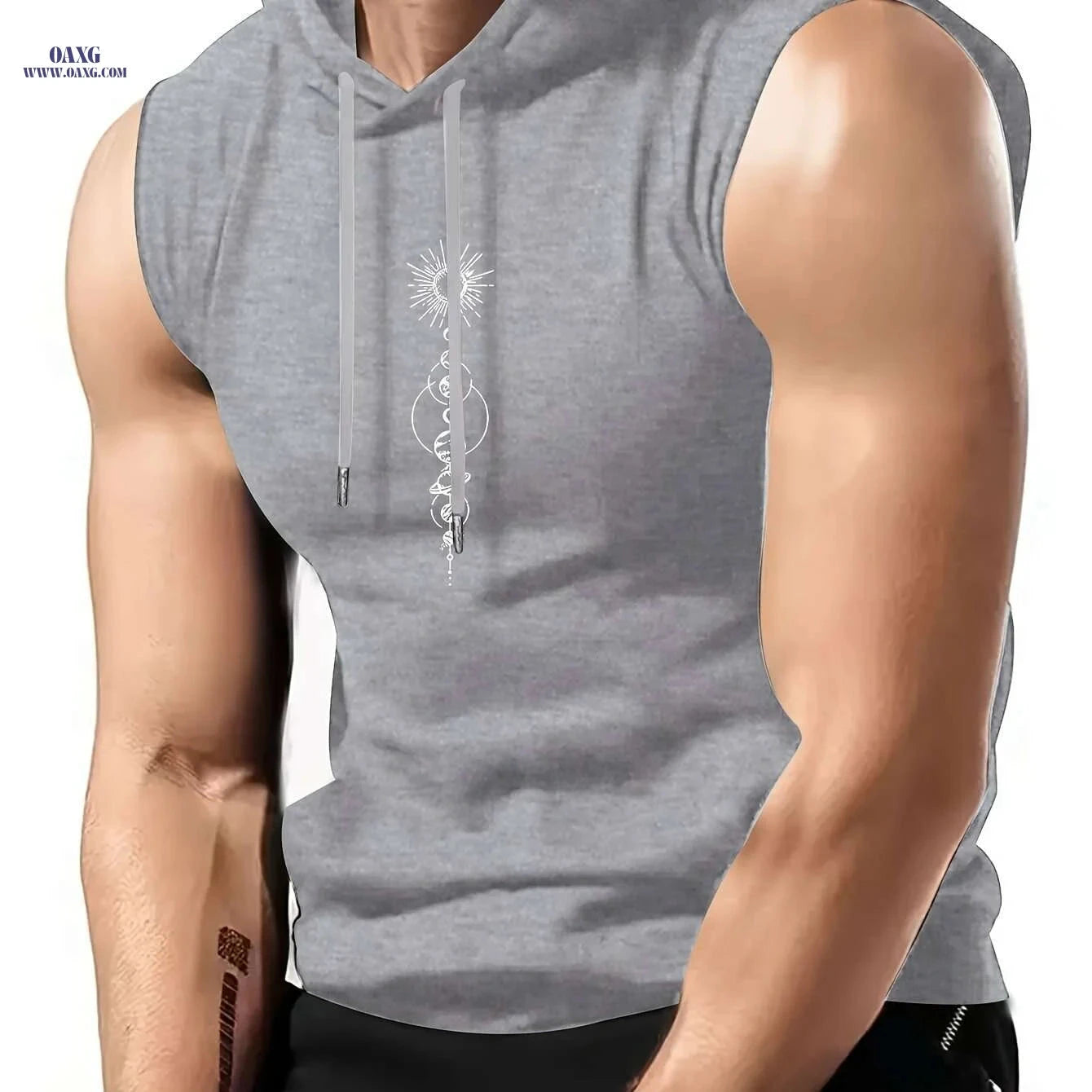 Olive Green Sleeveless Hoodie - Men's Casual Summer Top, Geometric Print   OAXG Black / S
