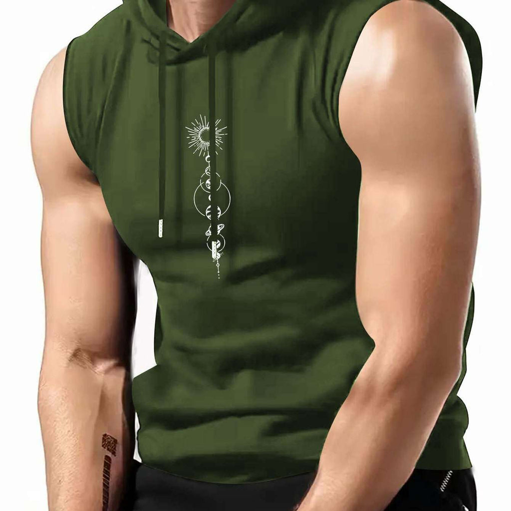 Olive Green Sleeveless Hoodie - Men's Casual Summer Top, Geometric Print   OAXG Black / S