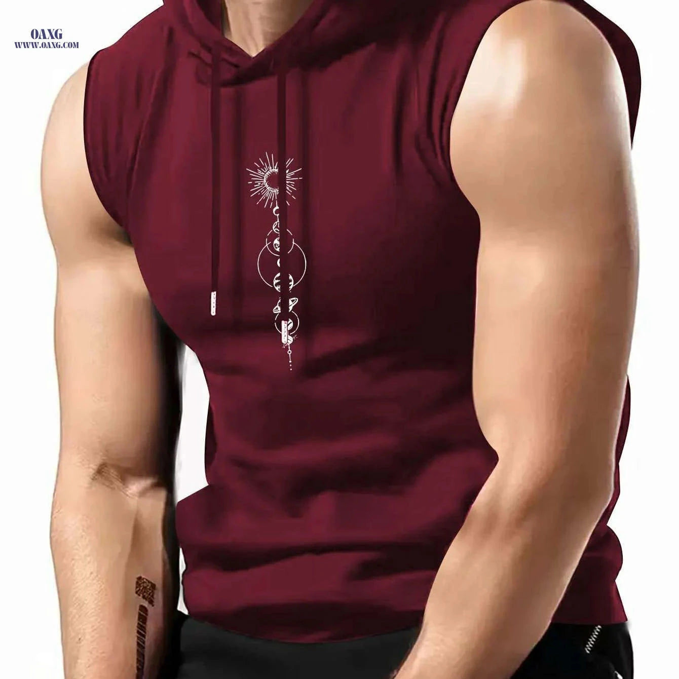 Olive Green Sleeveless Hoodie - Men's Casual Summer Top, Geometric Print   OAXG Black / S