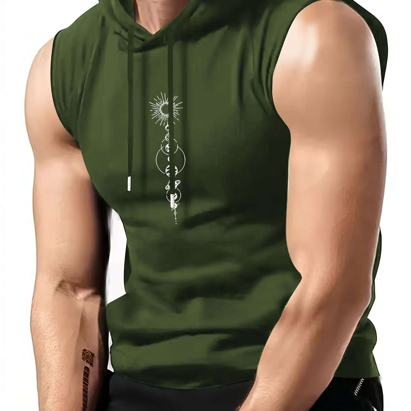 Olive Green Sleeveless Hoodie - Men's Casual Summer Top, Geometric Print   OAXG 