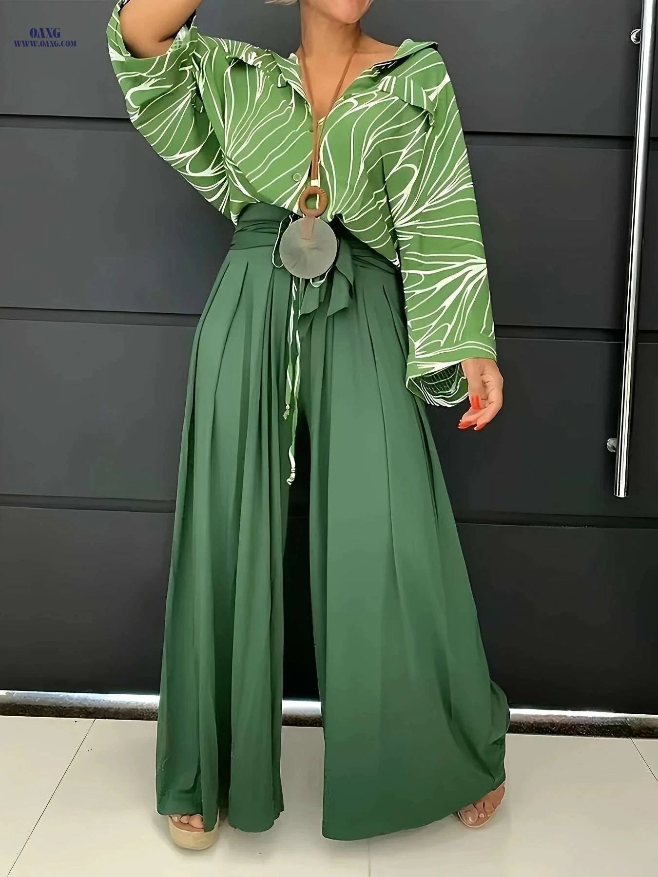 Olive Green Wide-Leg Trousers - Belted Waist for Casual & Office   OAXG Green / XXS