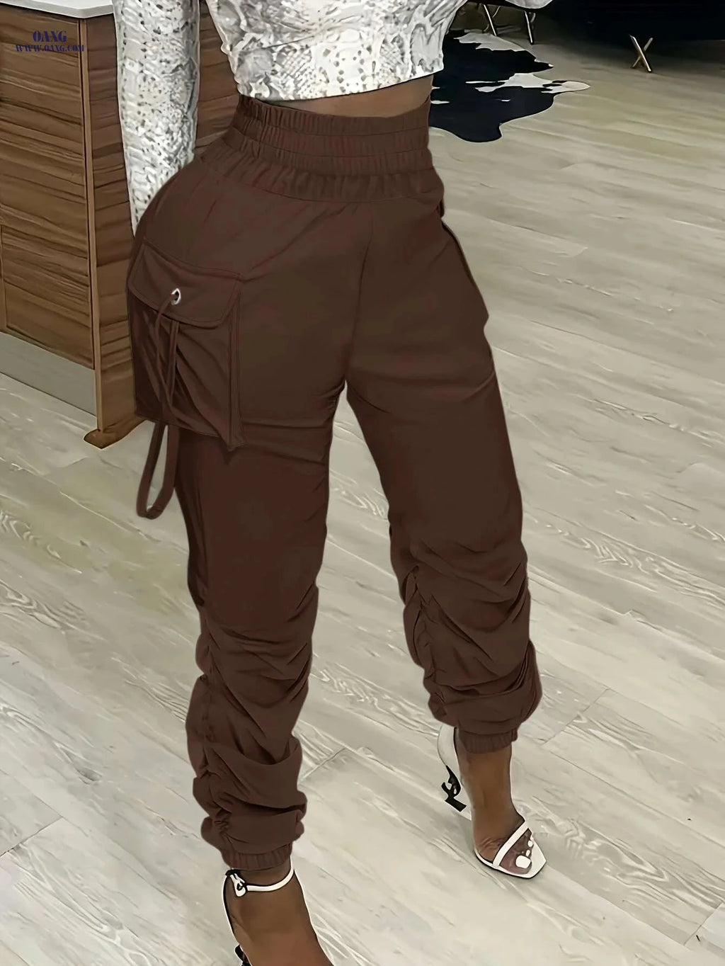 Olive Green Women's Cargo Pants - Straight Fit, Casual Polyester Style   OAXG 