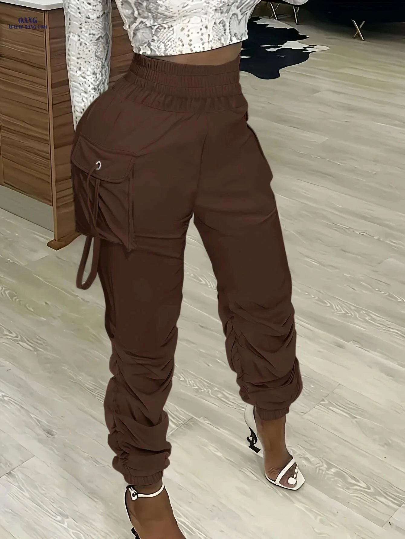 Olive Green Women's Cargo Pants - Straight Fit, Casual Polyester Style   OAXG 