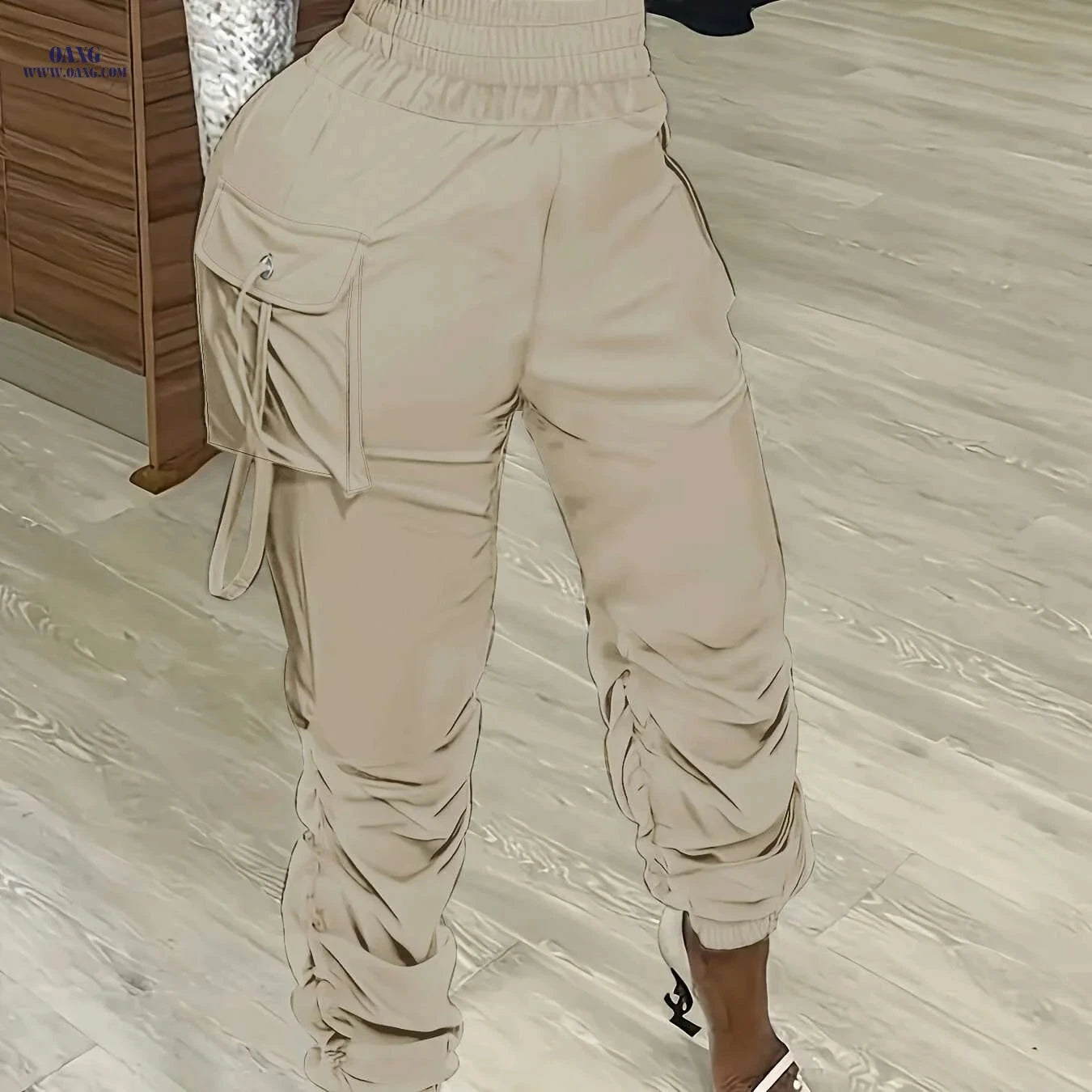 Olive Green Women's Cargo Pants - Straight Fit, Casual Polyester Style   OAXG 