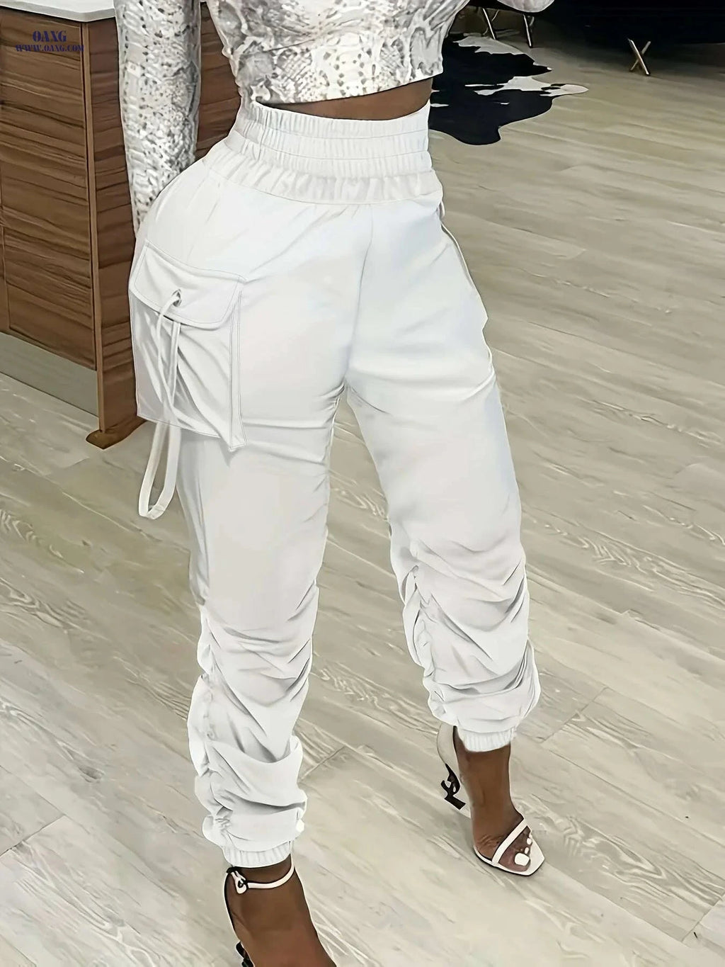 Olive Green Women's Cargo Pants - Straight Fit, Casual Polyester Style   OAXG White / S