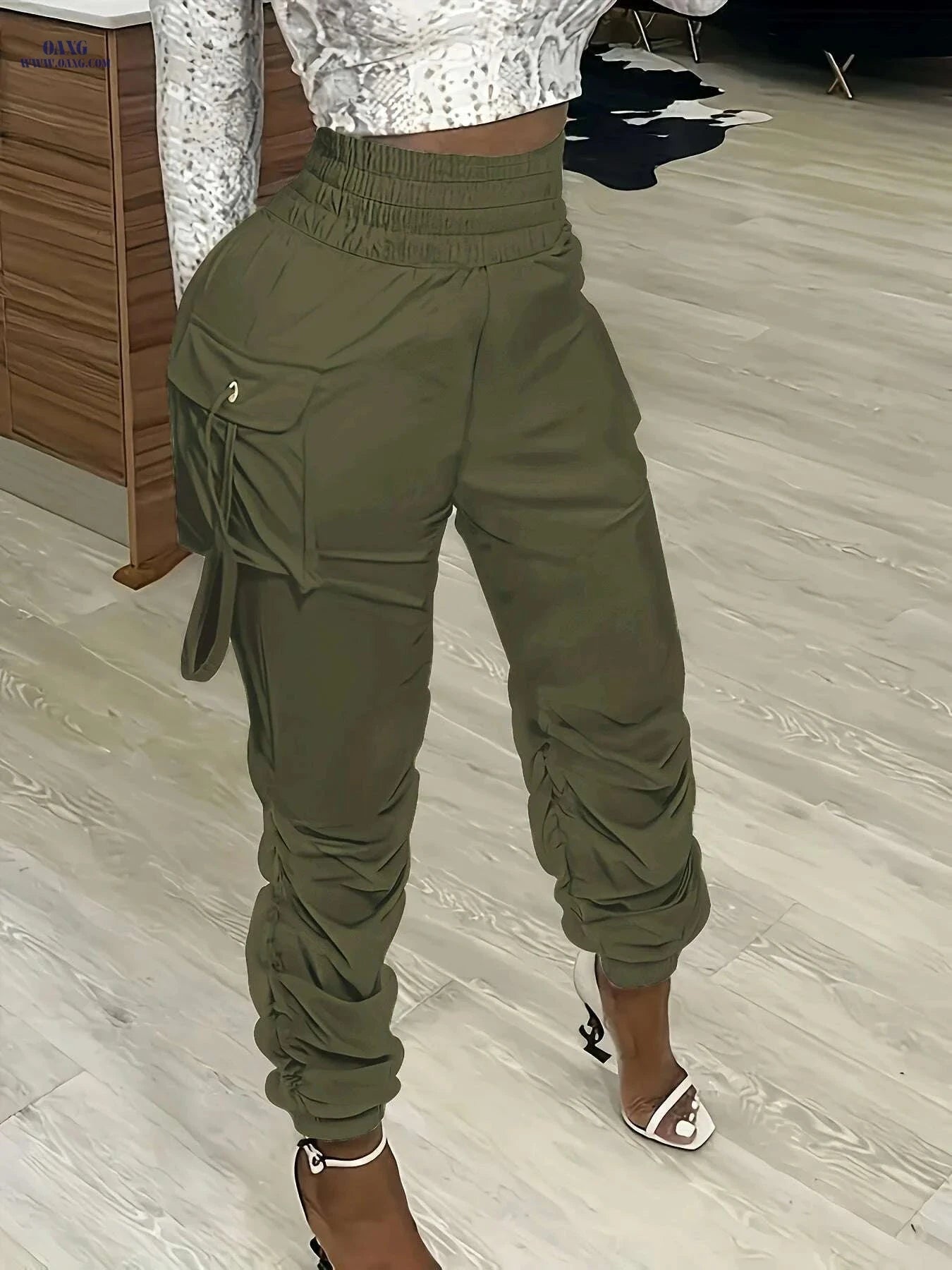 Olive Green Women's Cargo Pants - Straight Fit, Casual Polyester Style   OAXG White / S