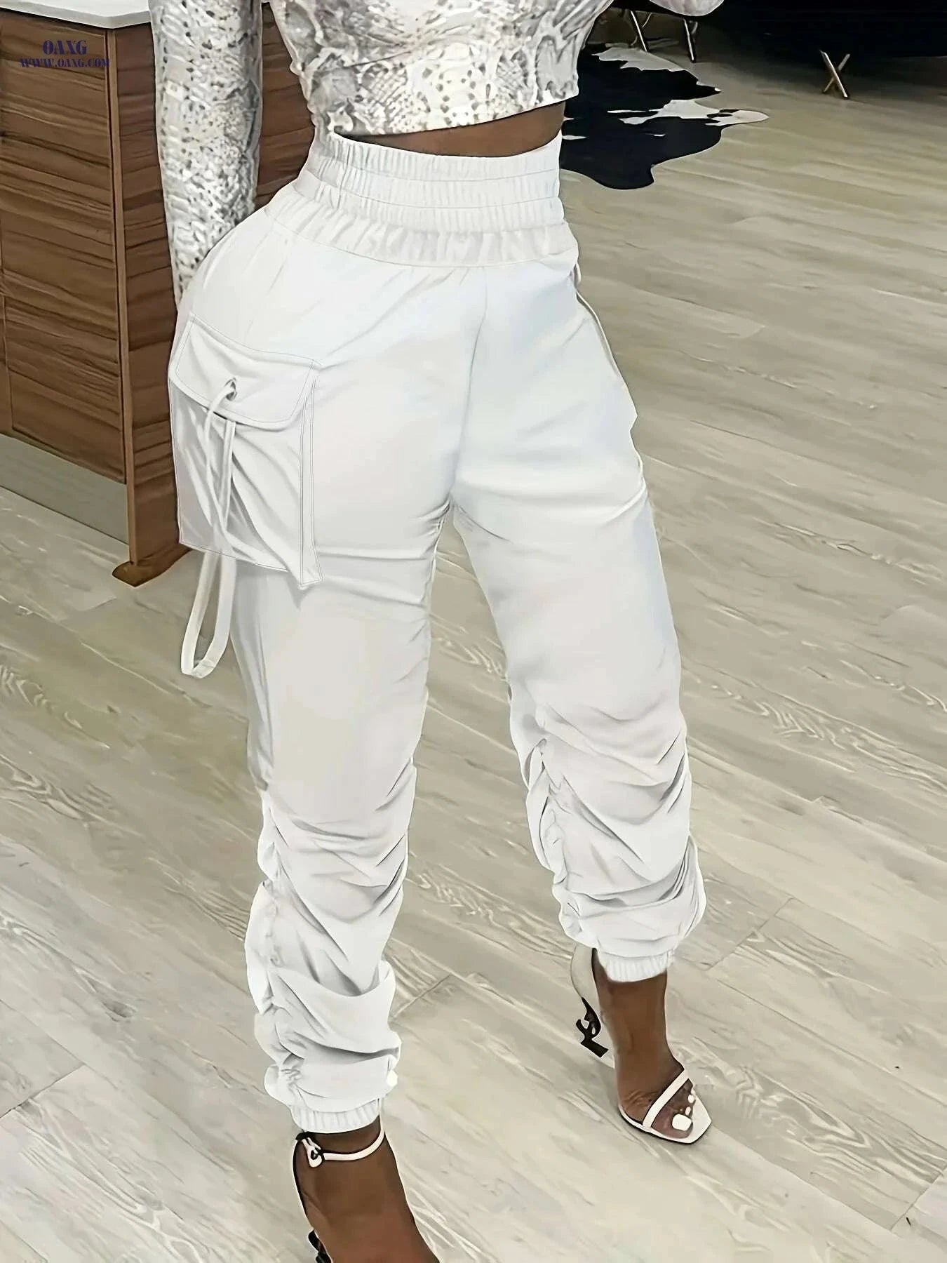 Olive Green Women's Cargo Pants - Straight Fit, Casual Polyester Style   OAXG White / S