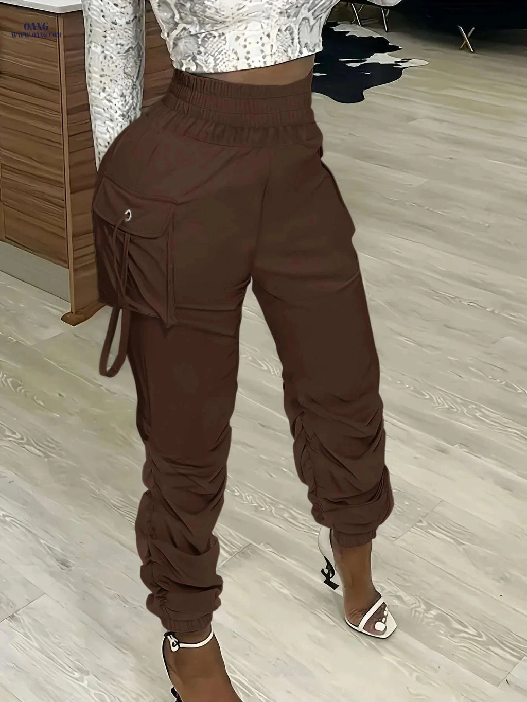 Olive Green Women's Cargo Pants - Straight Fit, Casual Polyester Style   OAXG White / S