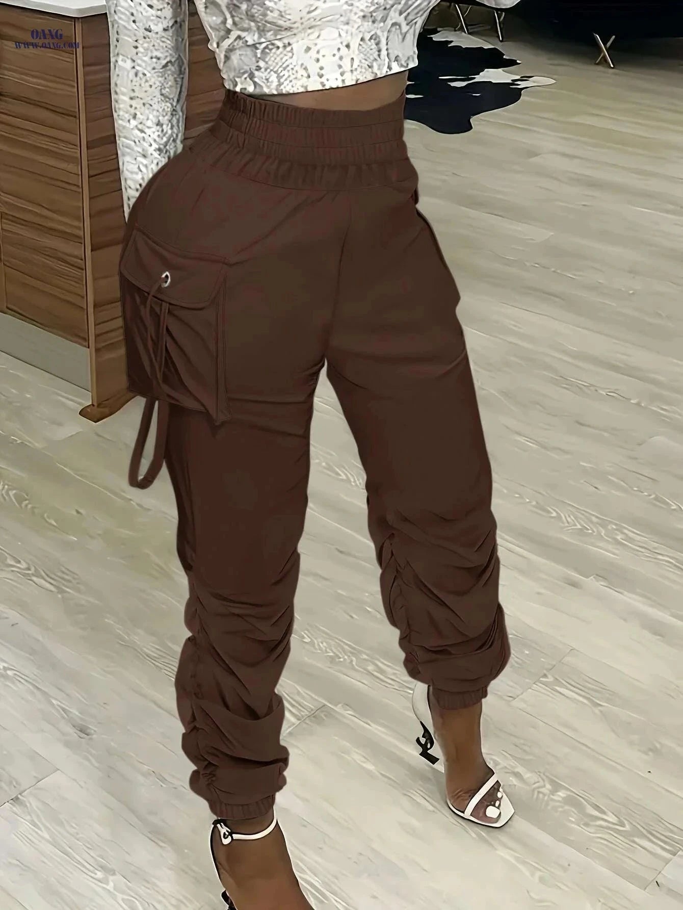 Olive Green Women's Cargo Pants - Straight Fit, Casual Polyester Style   OAXG White / S