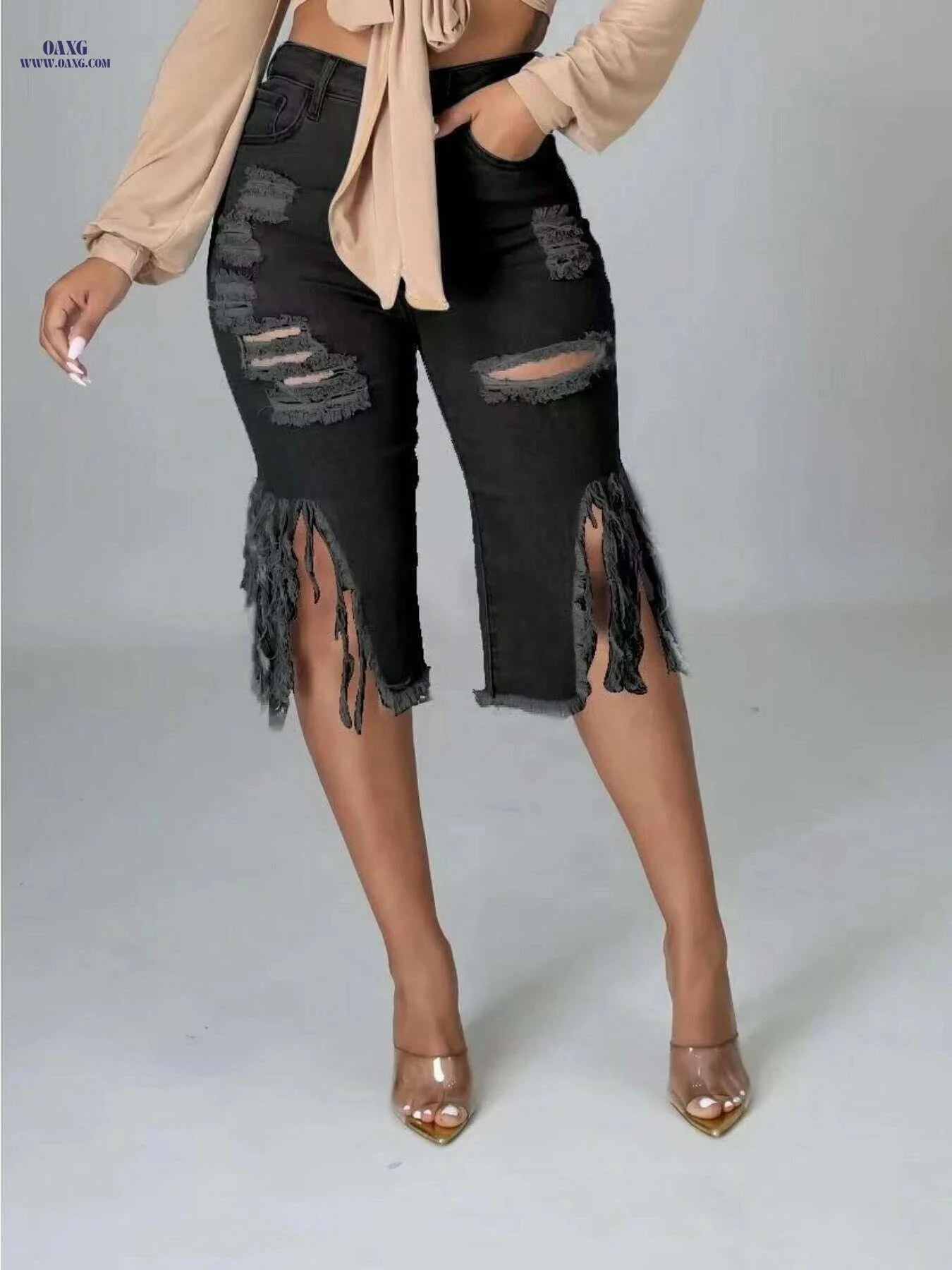 OLYJEN Trendy Distressed Denim Shorts - Fringe Hem for Women   OAXG 