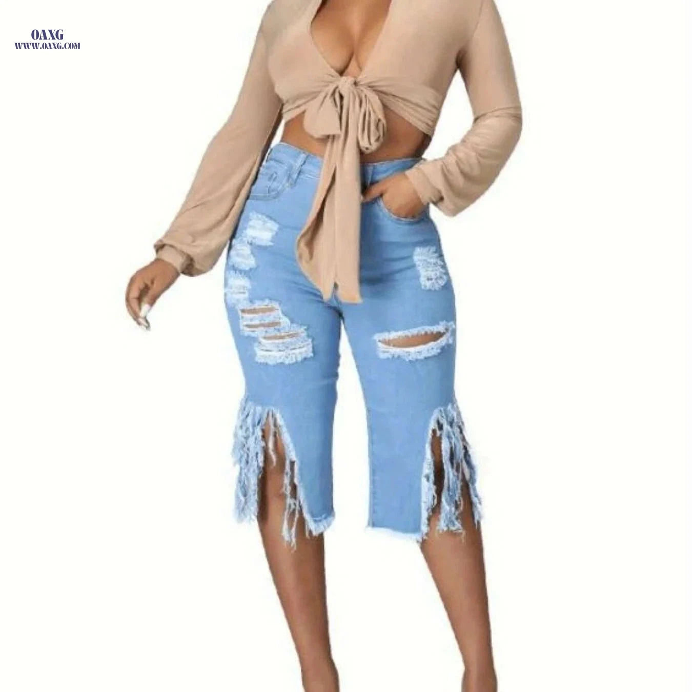 OLYJEN Trendy Distressed Denim Shorts - Fringe Hem for Women   OAXG 