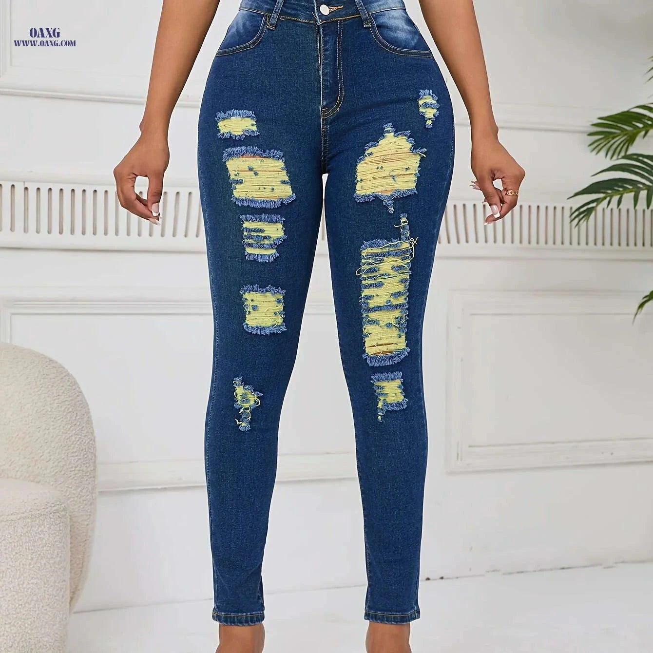 OLYJEN Yellow Distressed Skinny Jeans - Women’s Ripped Denim Pants   OAXG 