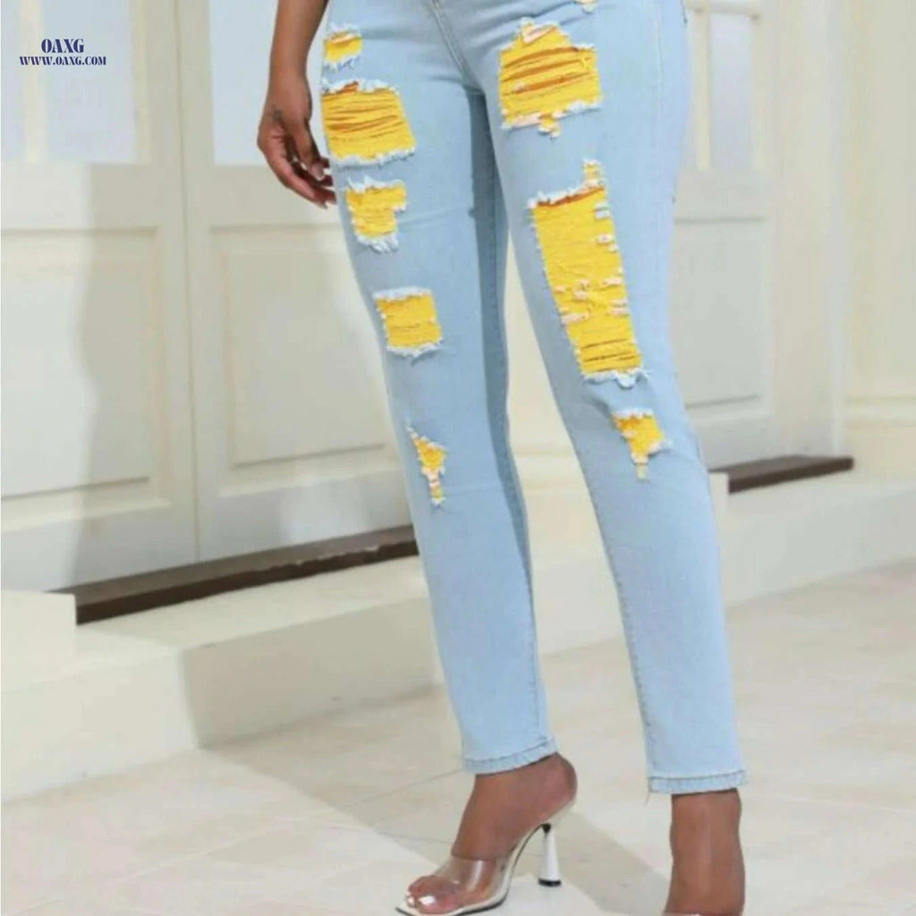 OLYJEN Yellow Distressed Skinny Jeans - Women’s Ripped Denim Pants   OAXG 