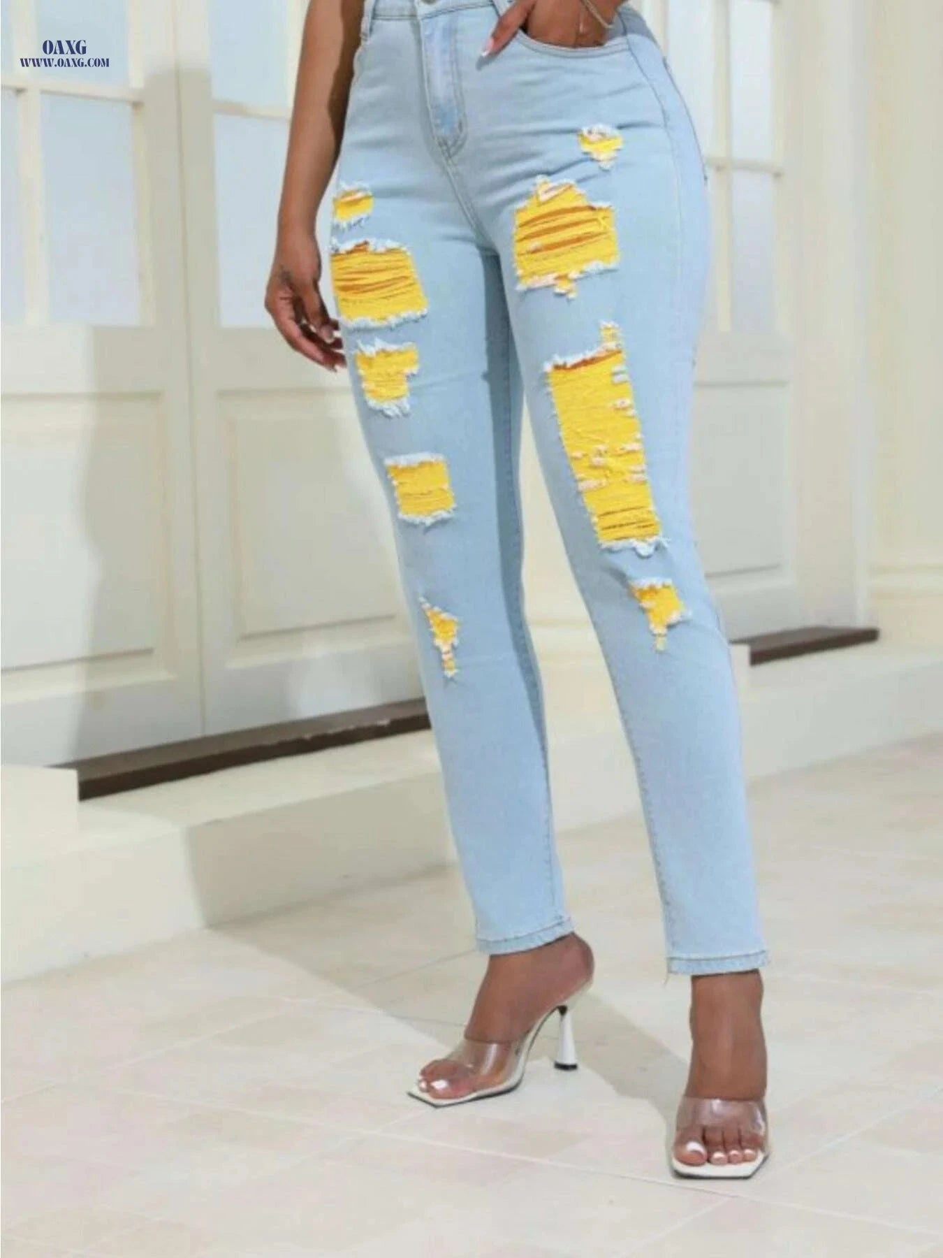 OLYJEN Yellow Distressed Skinny Jeans - Women’s Ripped Denim Pants   OAXG 