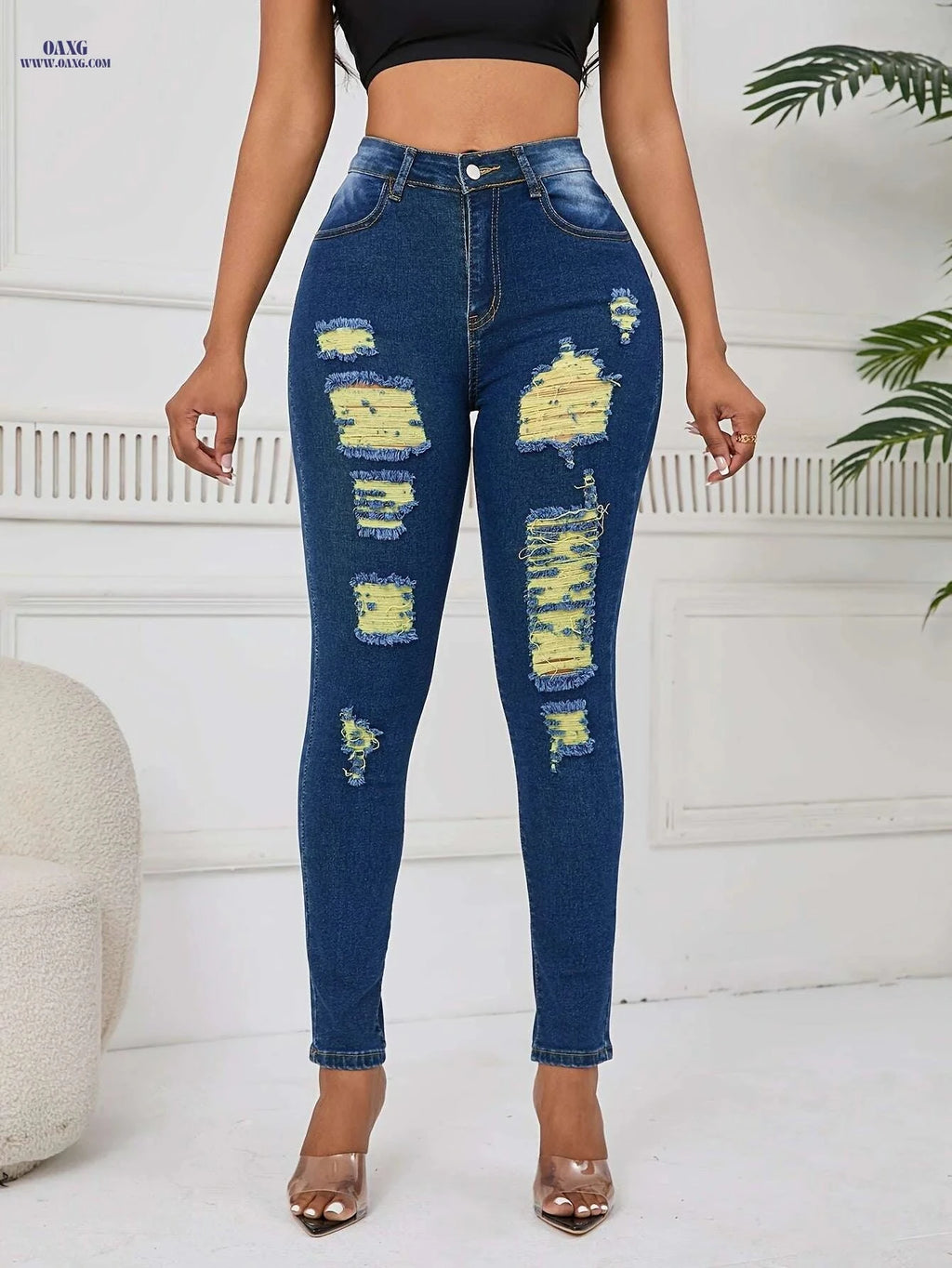 OLYJEN Yellow Distressed Skinny Jeans - Women’s Ripped Denim Pants   OAXG 