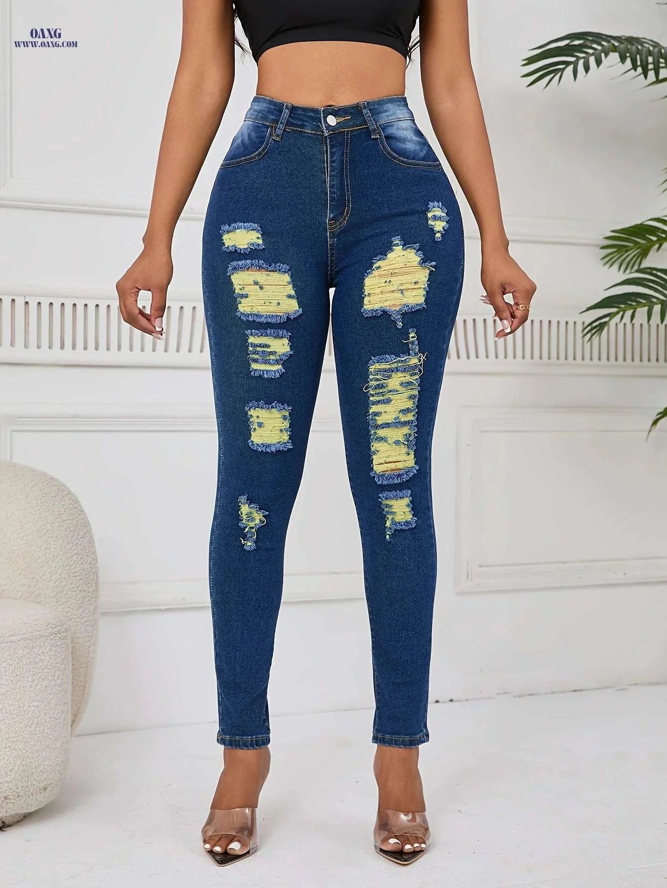 OLYJEN Yellow Distressed Skinny Jeans - Women’s Ripped Denim Pants   OAXG 