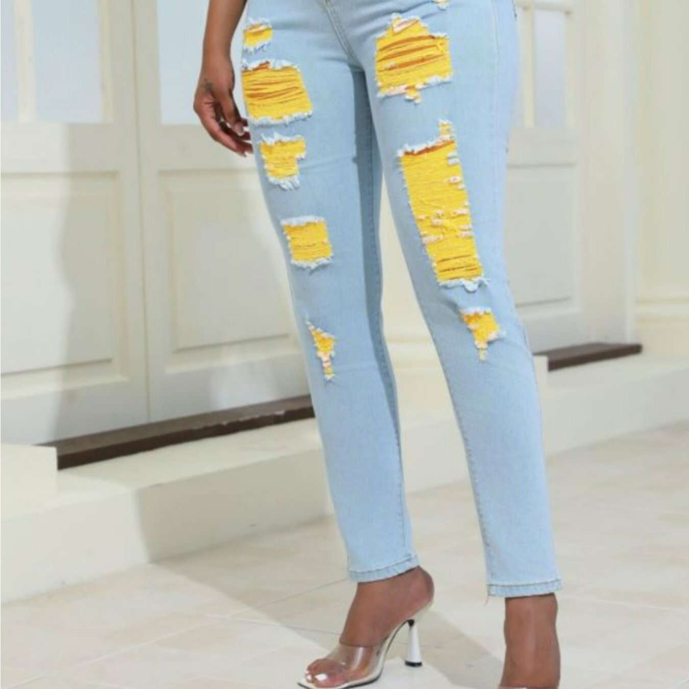 OLYJEN Yellow Distressed Skinny Jeans - Women’s Ripped Denim Pants   OAXG 