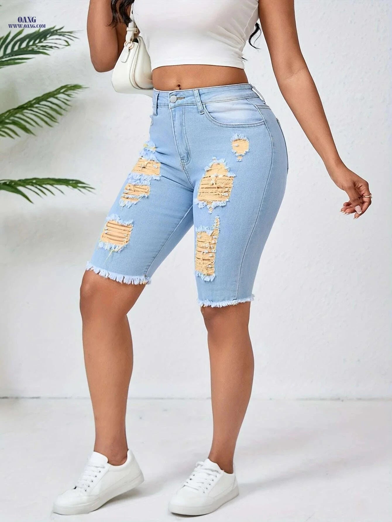 OLYJEN Yellow Ripped Mid-Length Pants - Slim Fit Bermuda Jeans   OAXG 