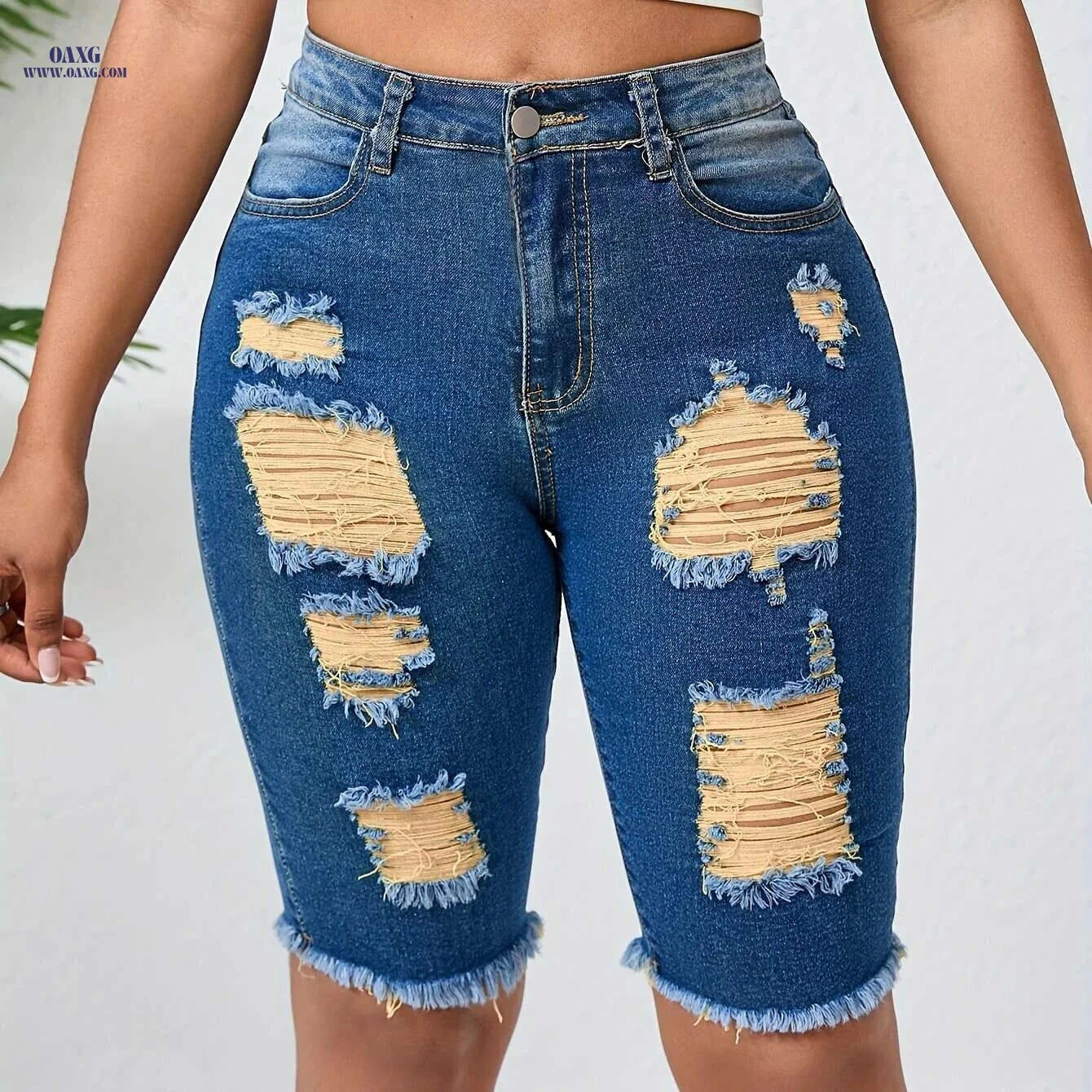OLYJEN Yellow Ripped Mid-Length Pants - Slim Fit Bermuda Jeans   OAXG 