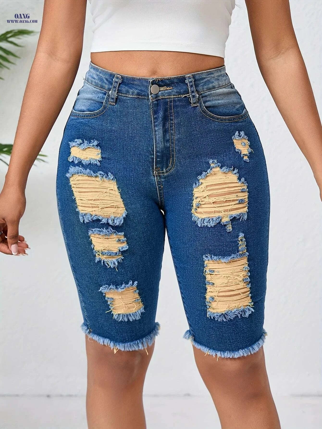 OLYJEN Yellow Ripped Mid-Length Pants - Slim Fit Bermuda Jeans   OAXG 
