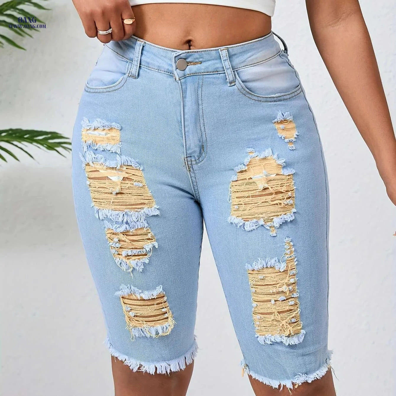 OLYJEN Yellow Ripped Mid-Length Pants - Slim Fit Bermuda Jeans   OAXG 