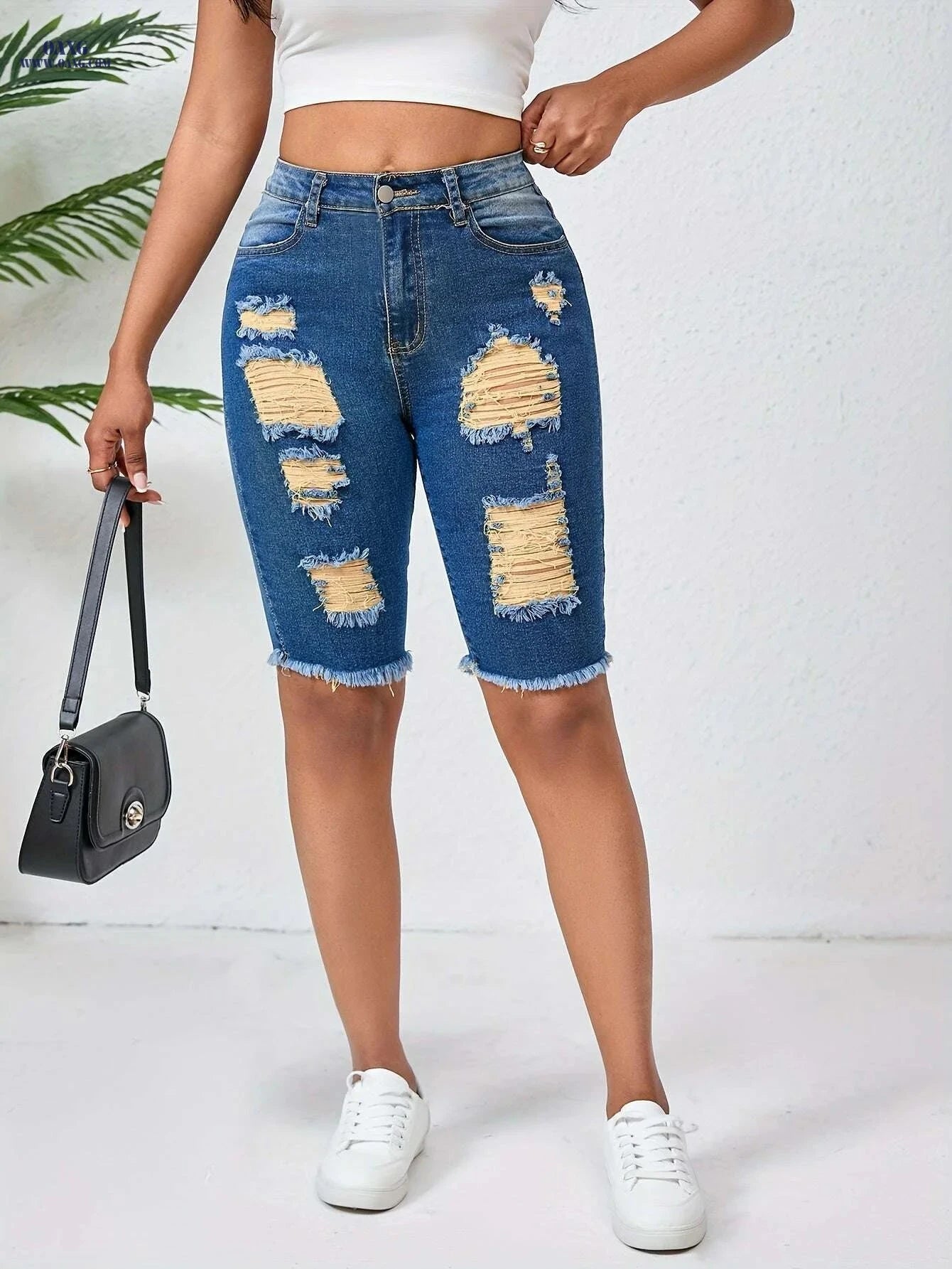 OLYJEN Yellow Ripped Mid-Length Pants - Slim Fit Bermuda Jeans   OAXG 
