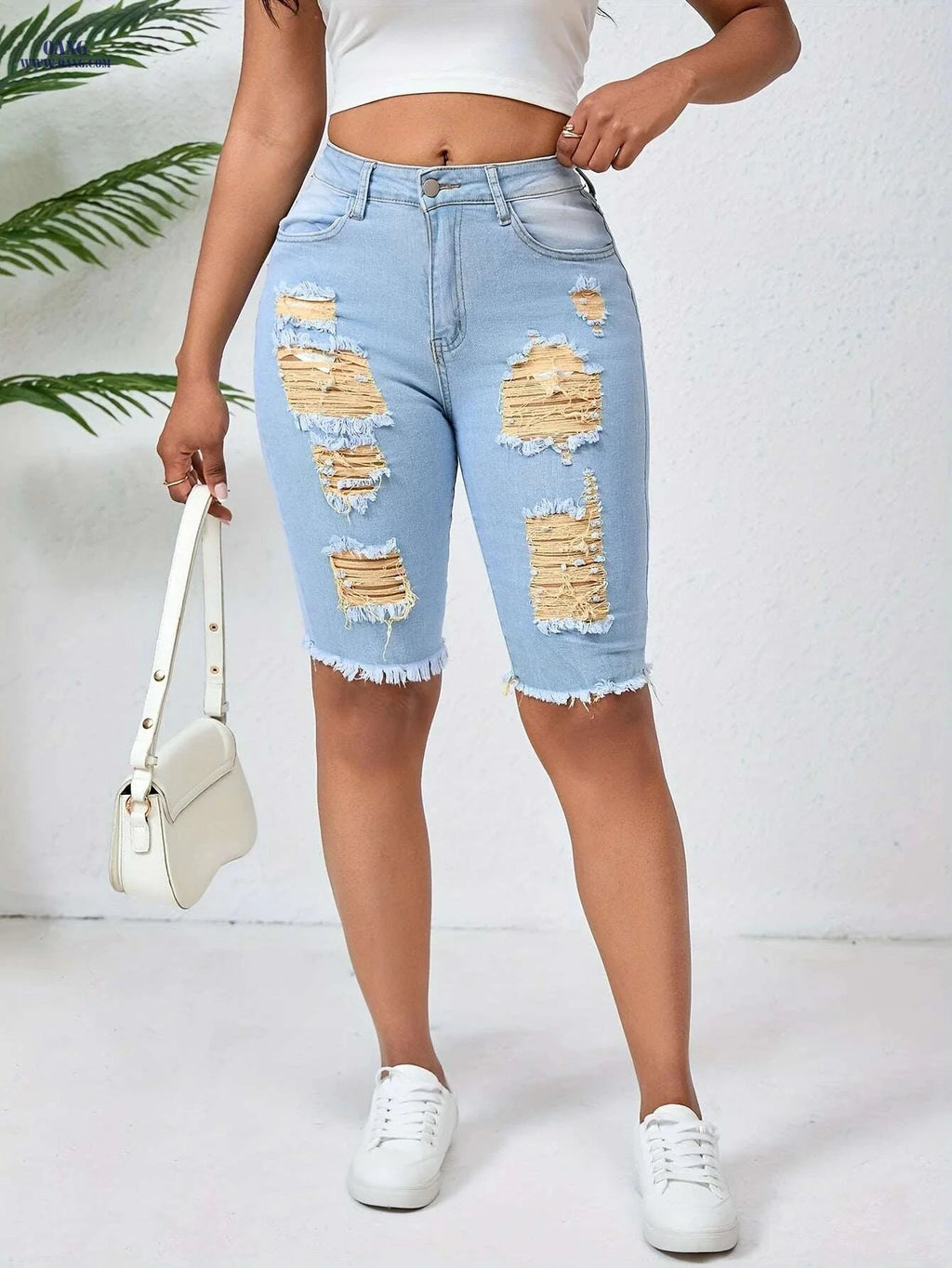 OLYJEN Yellow Ripped Mid-Length Pants - Slim Fit Bermuda Jeans   OAXG 