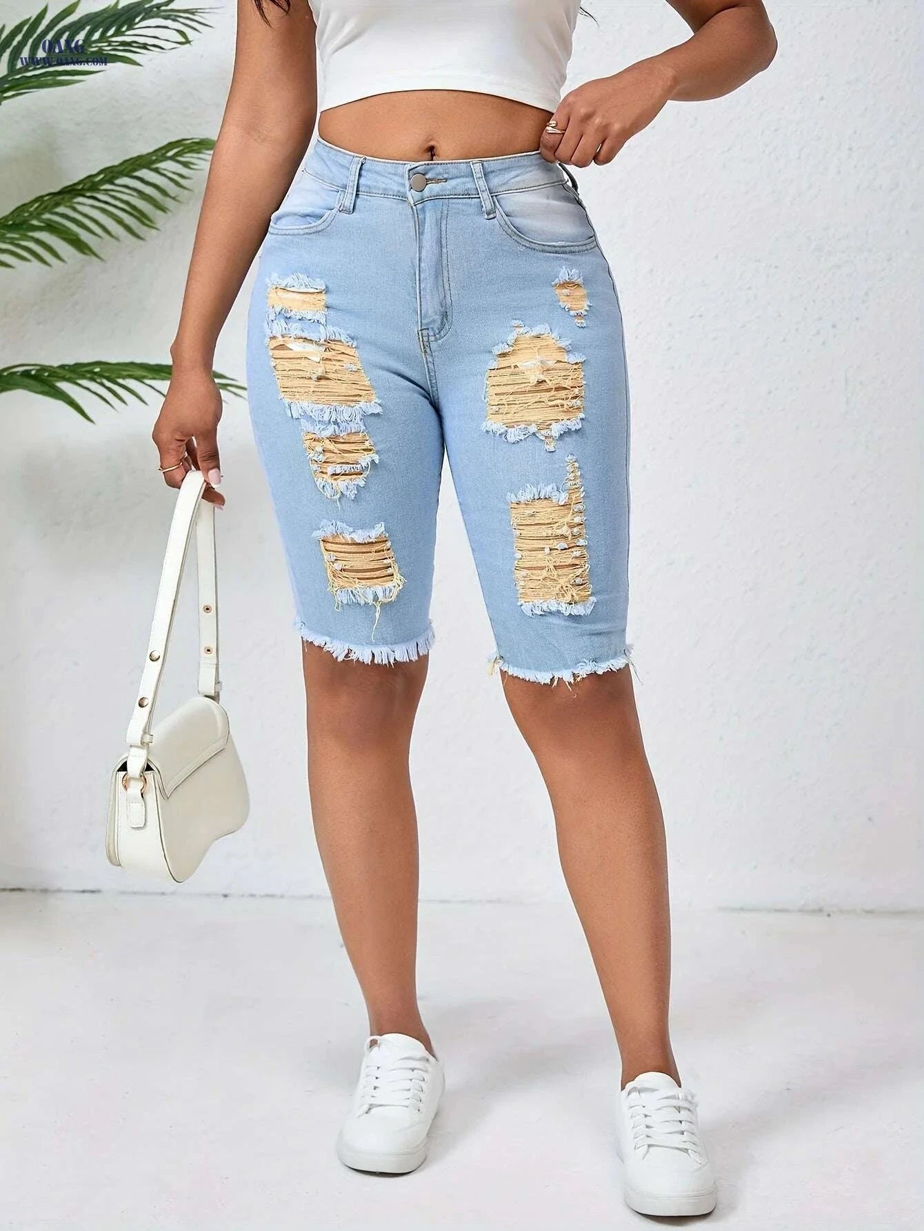 OLYJEN Yellow Ripped Mid-Length Pants - Slim Fit Bermuda Jeans   OAXG 