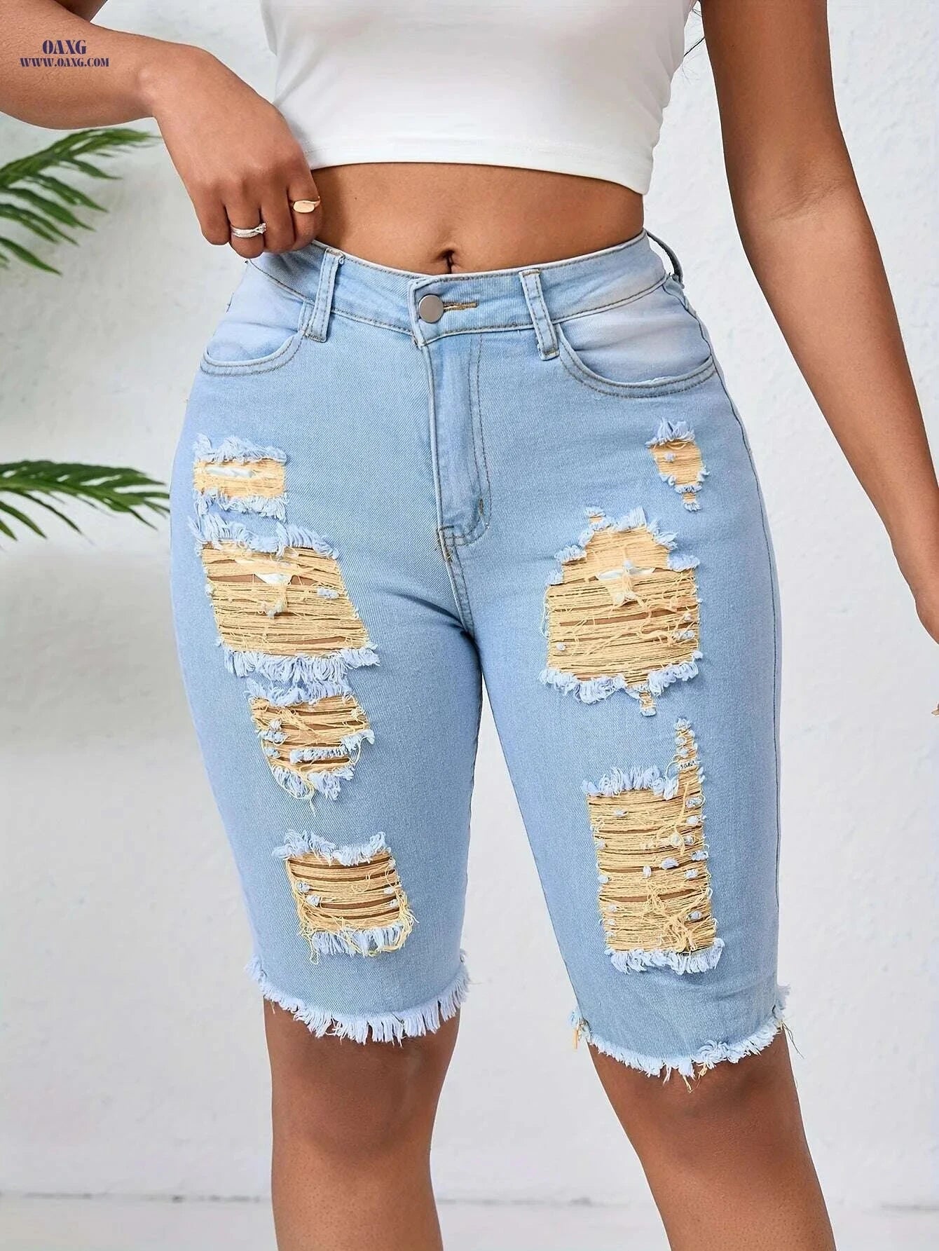 OLYJEN Yellow Ripped Mid-Length Pants - Slim Fit Bermuda Jeans   OAXG 
